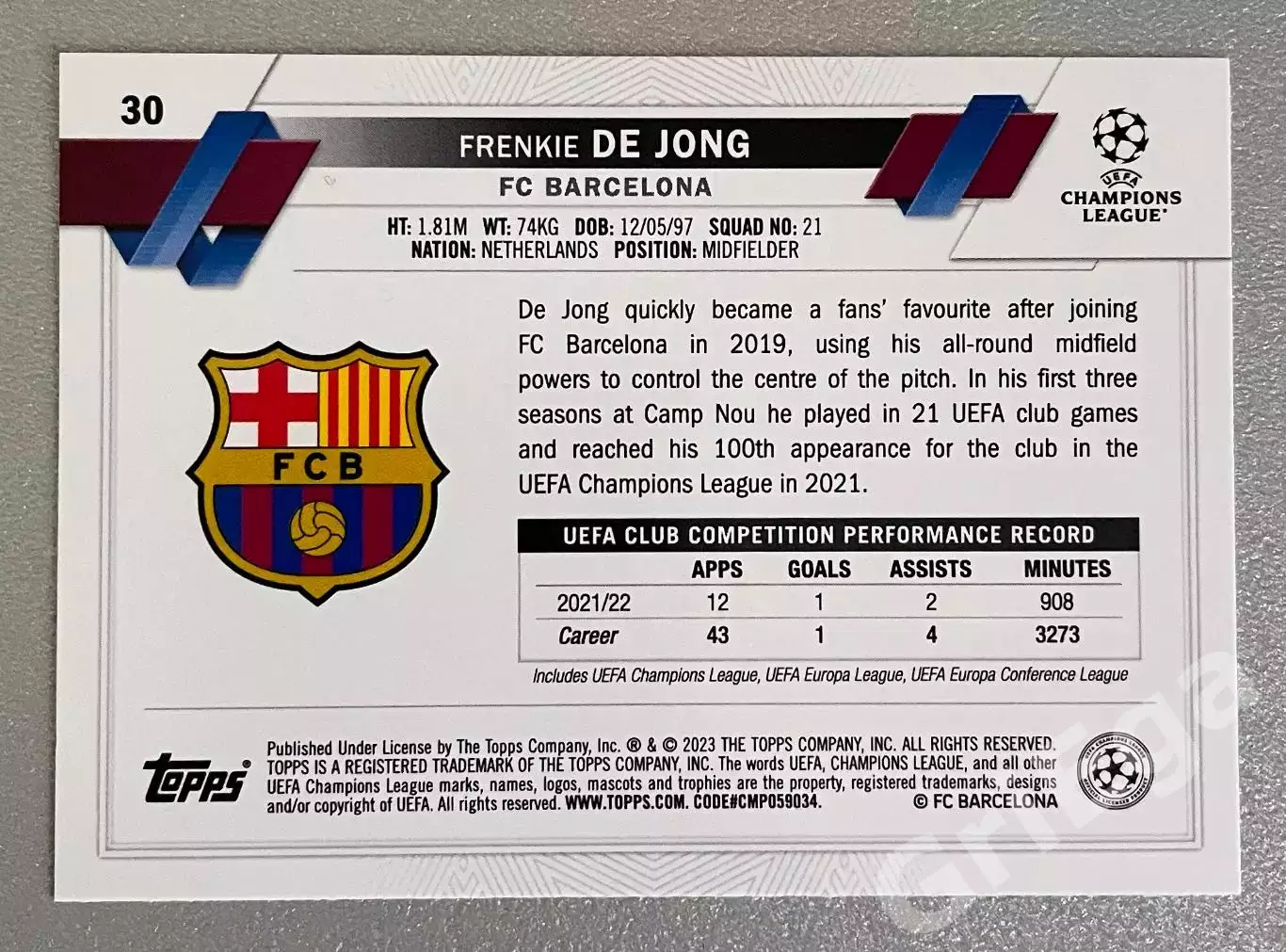 Карточка Frenkie de Jong/Френки Де Йонг (Barcelona/Барселона) TOPPS 2022-23 1