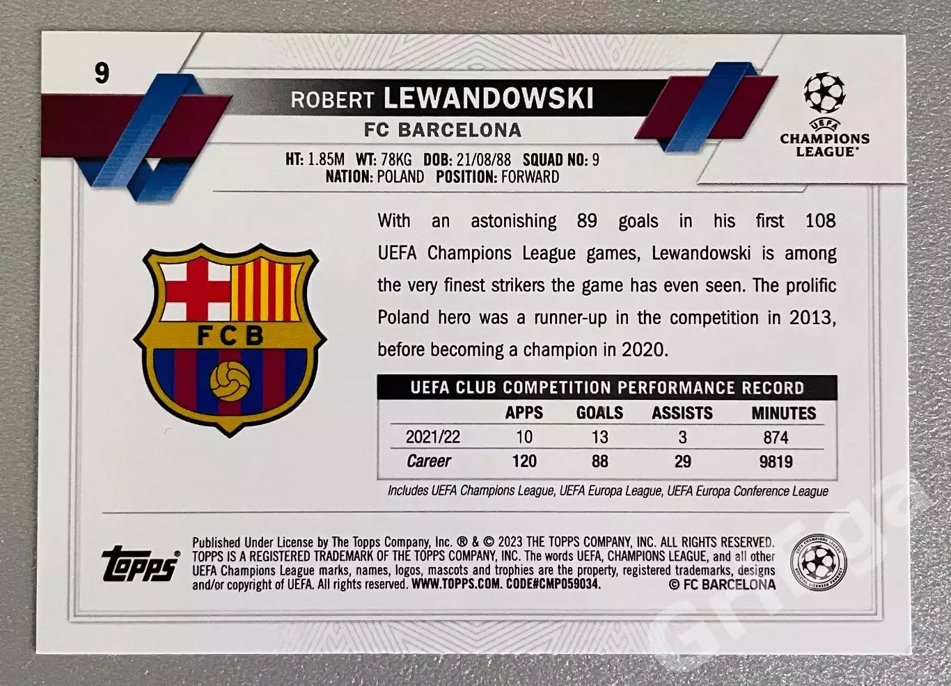 Карточка Robert Lewandowski/Роберт Левандовский (Barcelona/Барселона) TOPPS 1