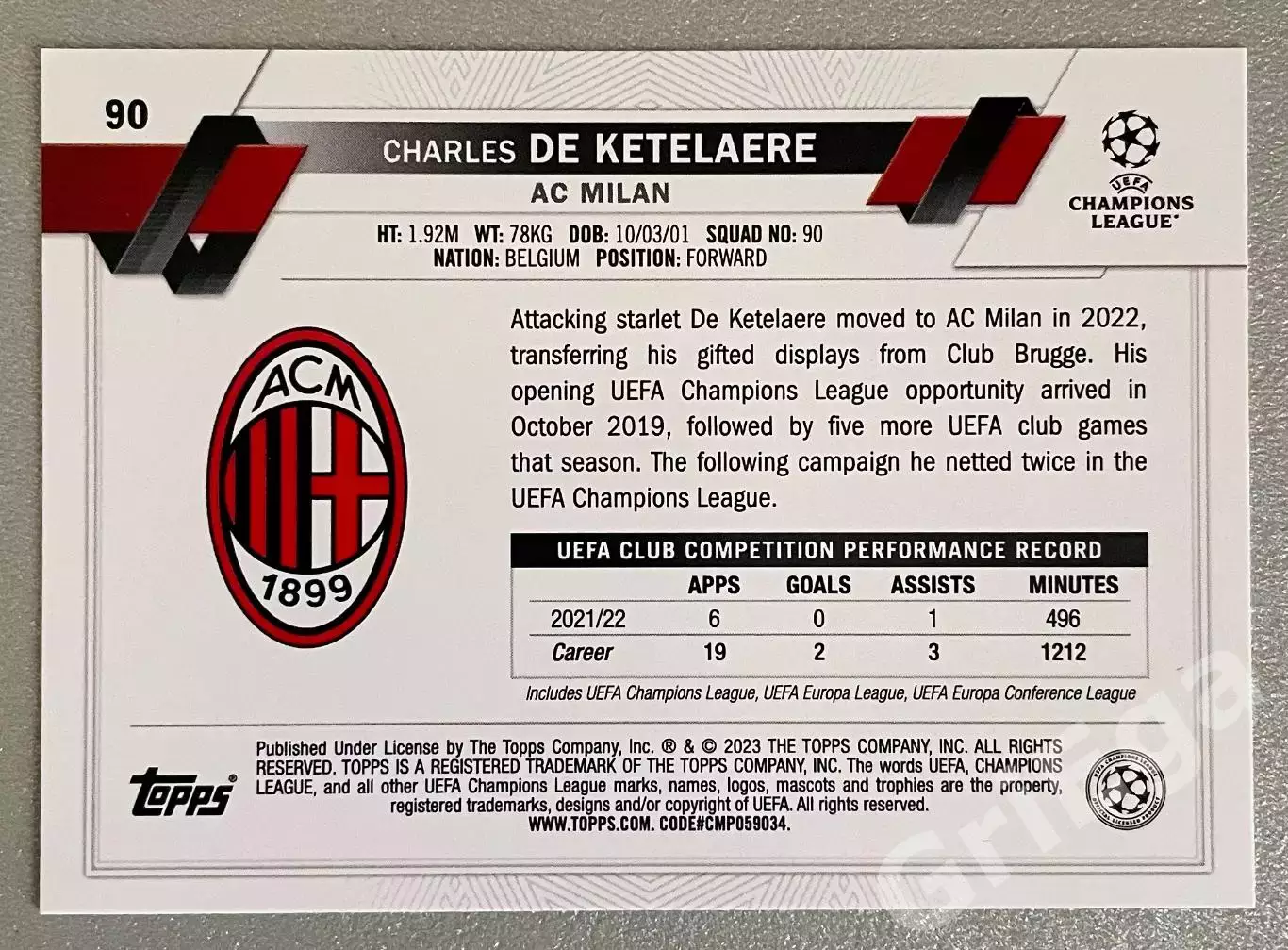 Карточка Charles De Ketelaere/Шарль Де Кетеларе (Milan/Милан) TOPPS 2022-23 1