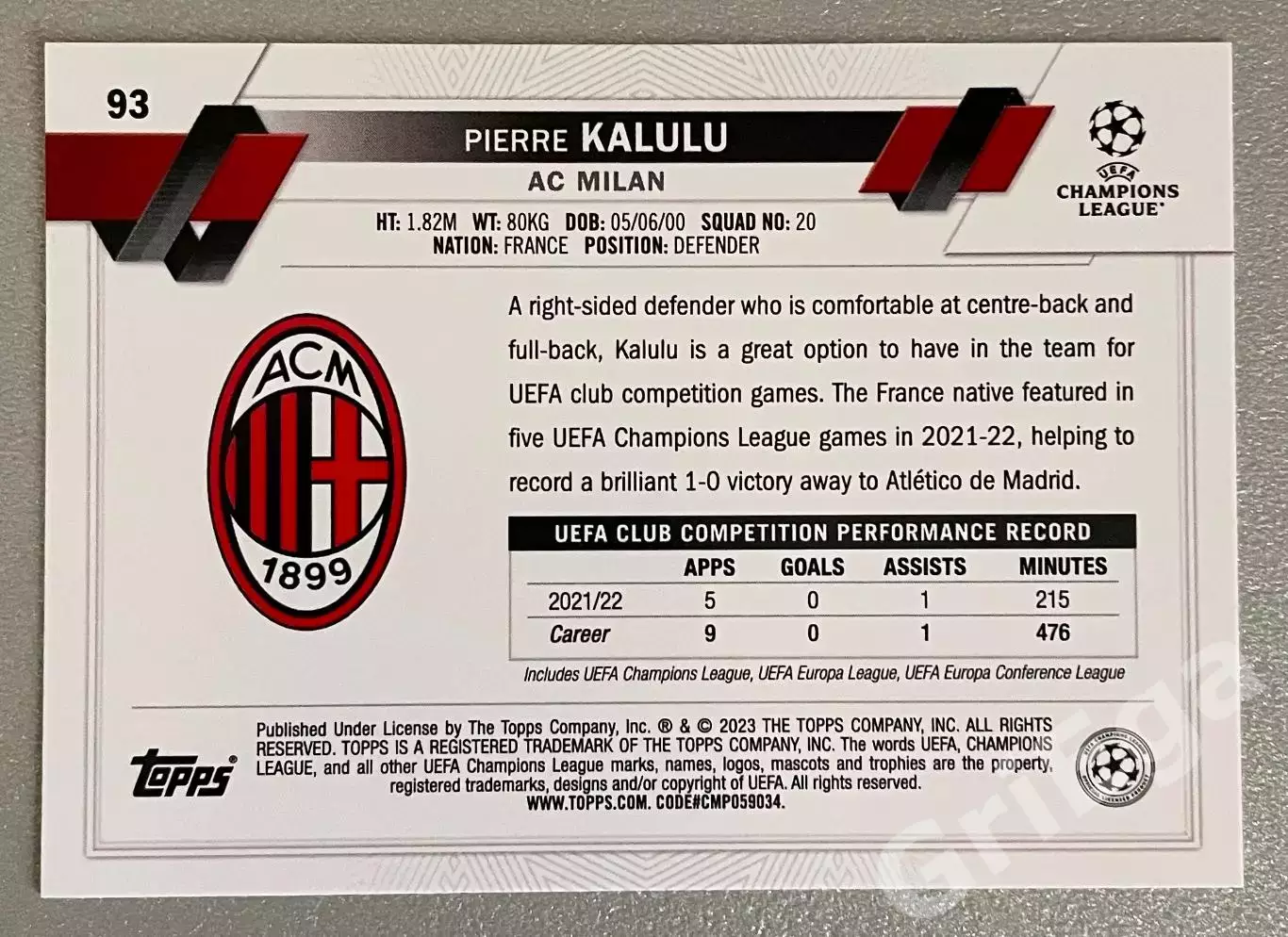 Карточка Pierre Kalulu/Пьер Калюлю (Milan/Милан) TOPPS 2022-23 1
