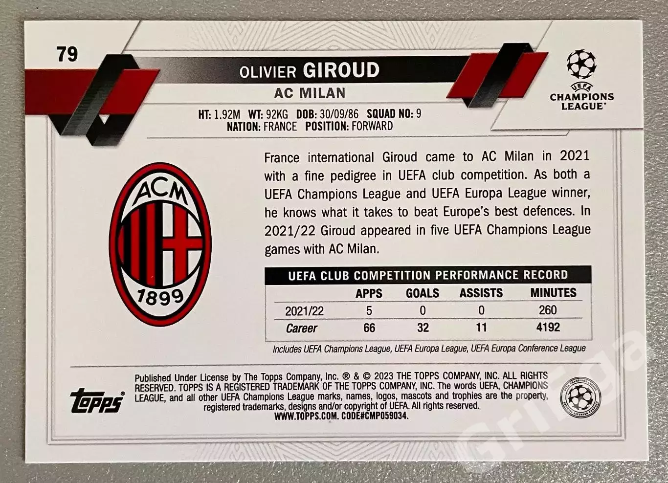 Карточка Olivier Giroud/Оливье Жиру (Milan/Милан) TOPPS 2022-23 1