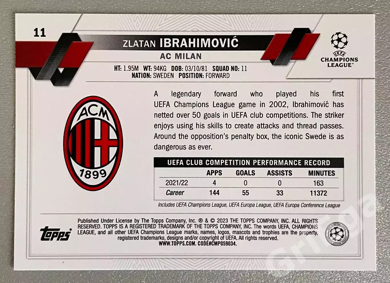 Карточка Zlatan Ibrahimovic/Златан Ибрагимович (Milan/Милан) TOPPS 2022-23 1