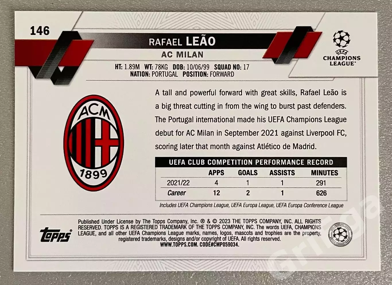Карточка Rafael Leao/Рафаэл Леау (Milan/Милан) TOPPS 2022-23 1