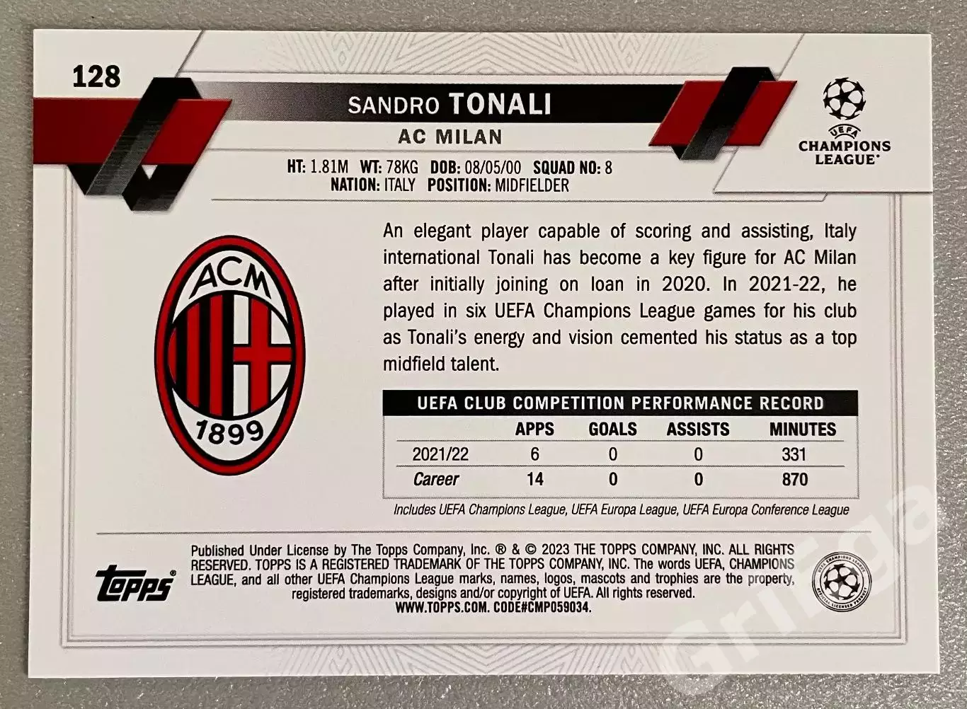 Карточка Sandro Tonali/Сандро Тонали (Milan/Милан) TOPPS 2022-23 1