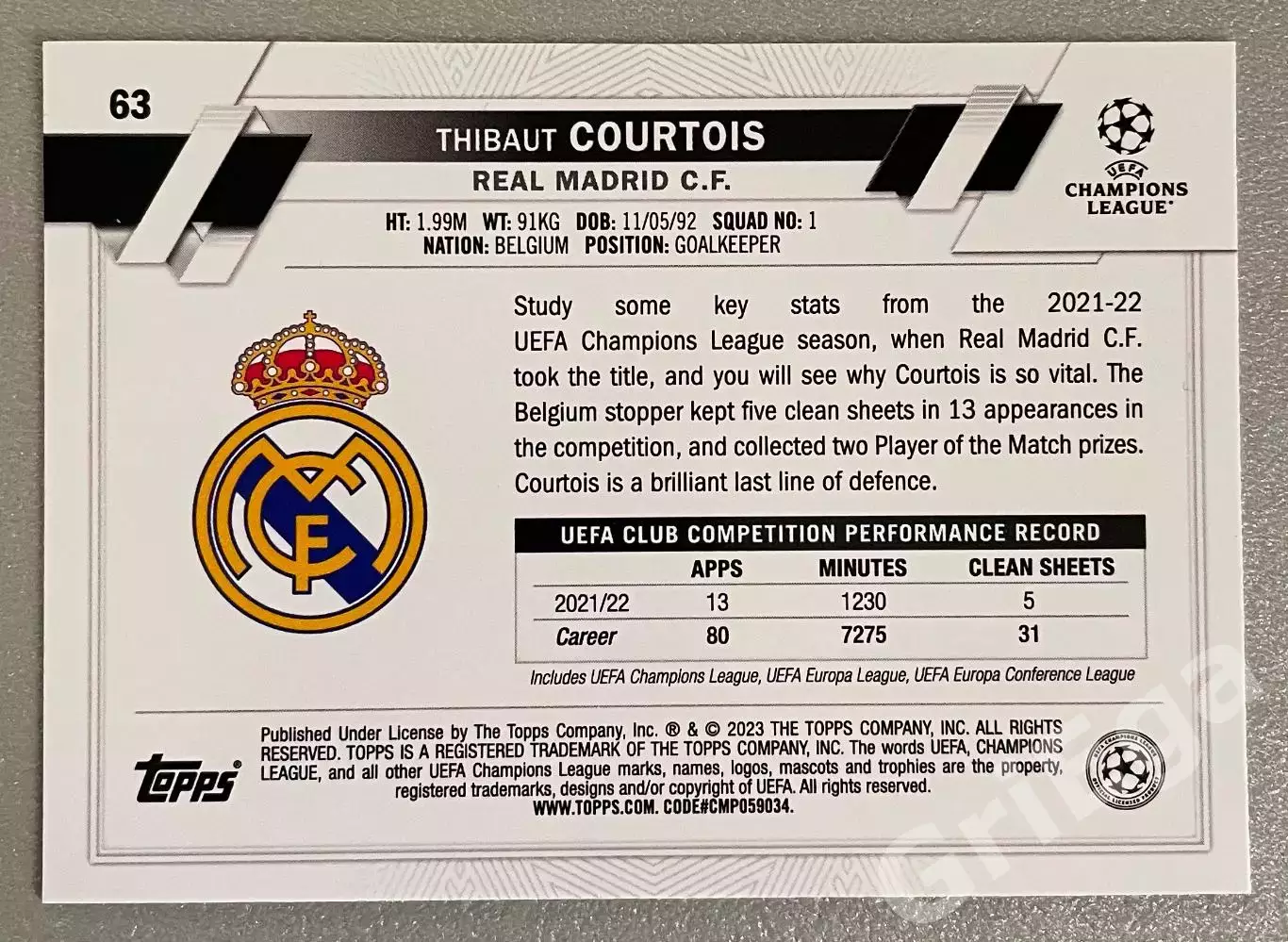 Футбол карточка Thibaut Courtois/Тибо Куртуа (Real Madrid/Реал Мадрид) 1