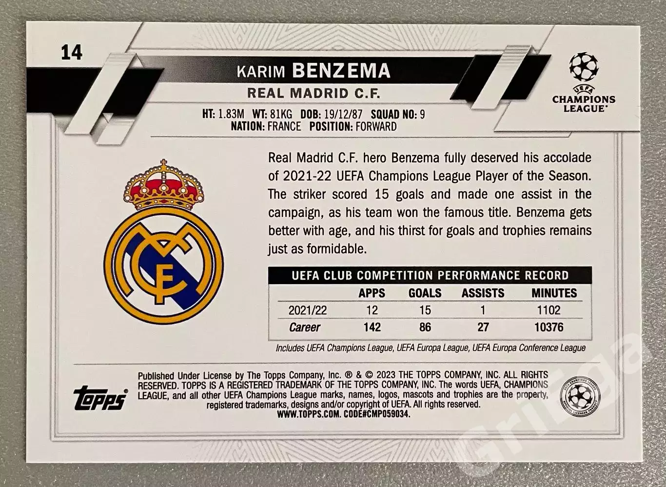 Футбол карточка Karim Benzema/Карим Бензема (Real Madrid/Реал Мадрид) TOPPS 1