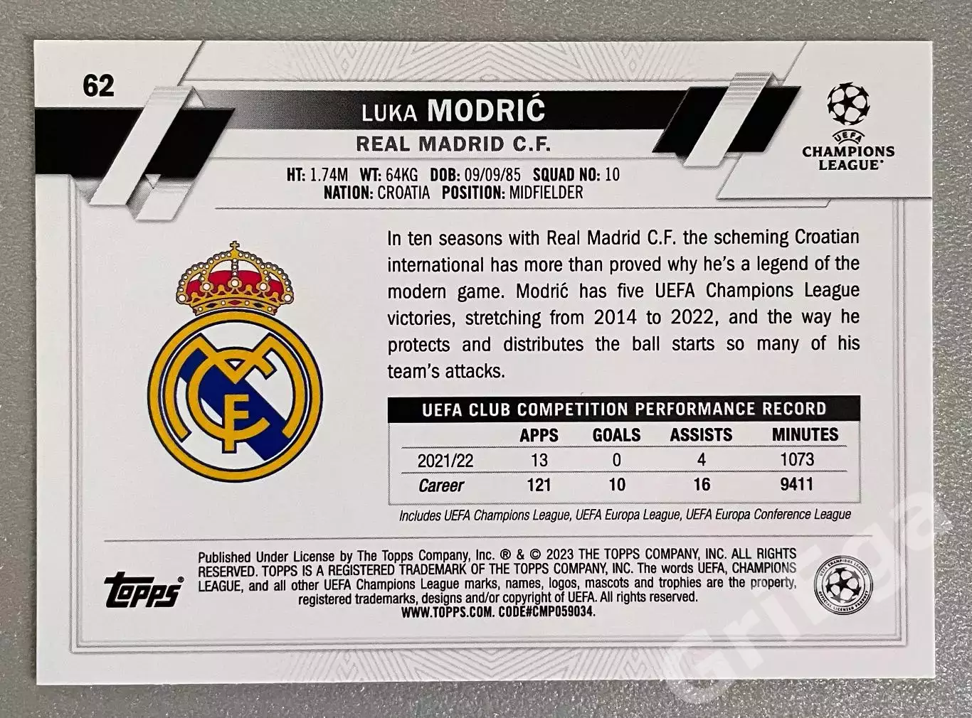 Футбол карточка Luka Modric/Лука Модрич (Real Madrid/Реал Мадрид) TOPPS 2022-23 1