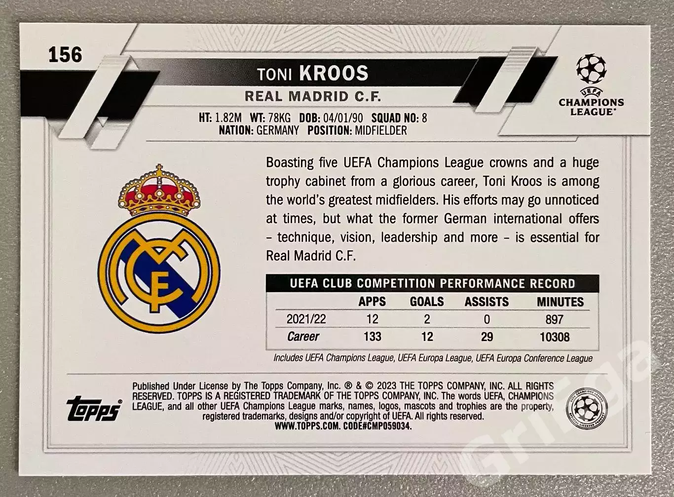 Футбол карточка Toni Kroos/Тони Кроос (Real Madrid/Реал Мадрид) TOPPS 2022-23 1