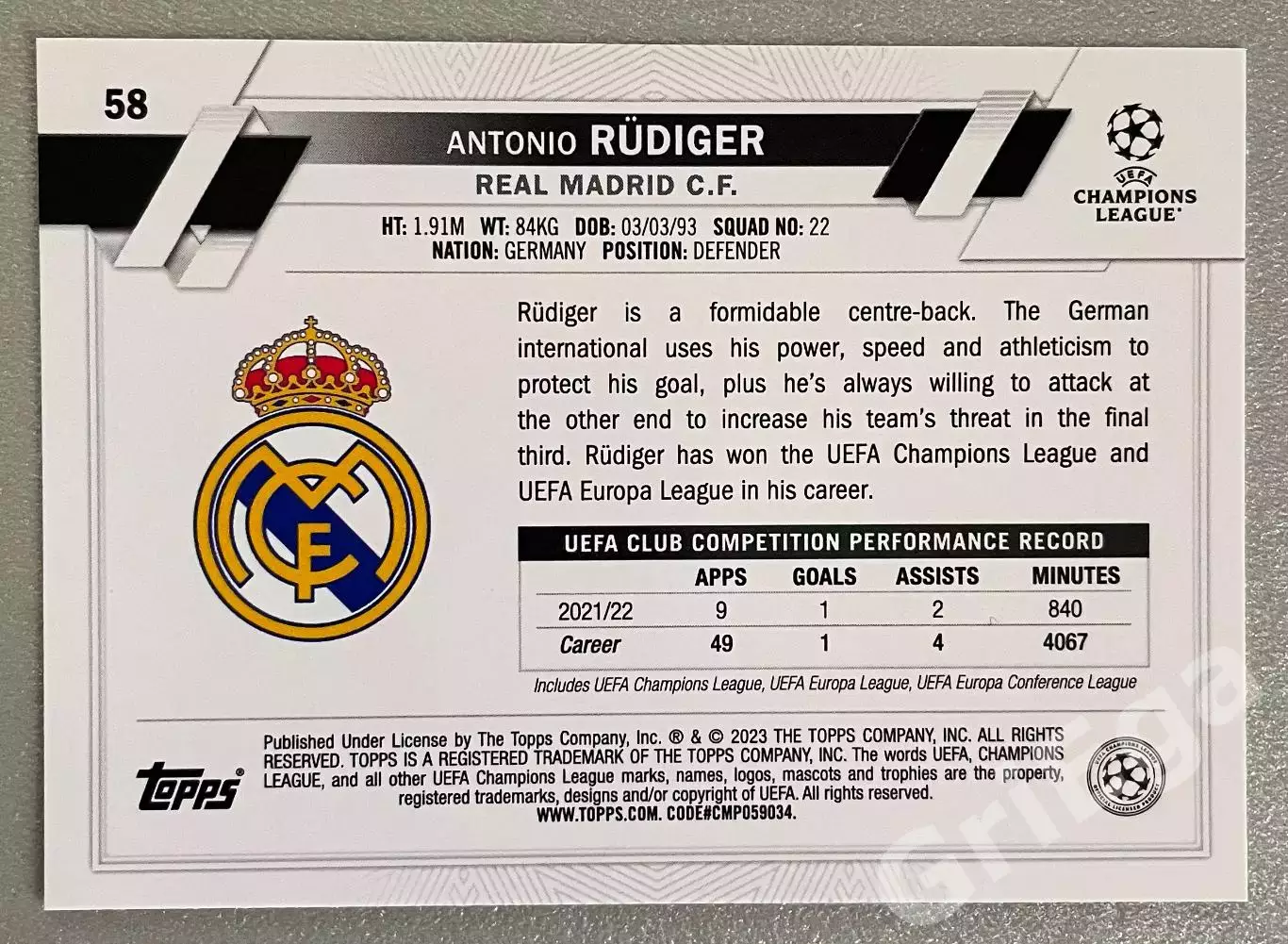 Футбол карточка Antonio Rudiger/Антонио Рюдигер (Real Madrid/Реал Мадрид) 1