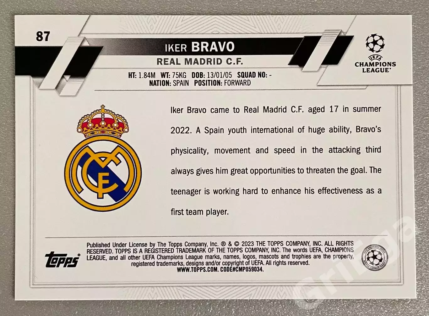 Футбол карточка Iker Bravo/Икер Браво (Real Madrid/Реал Мадрид) TOPPS 2022-23 1