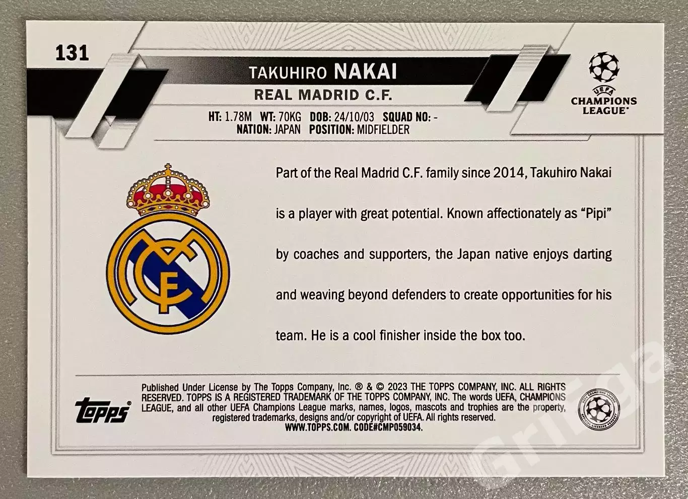 Карточка Takuhiro Nakai/Такухиро Накаи (Real Madrid/Реал Мадрид) TOPPS 2022-23 1