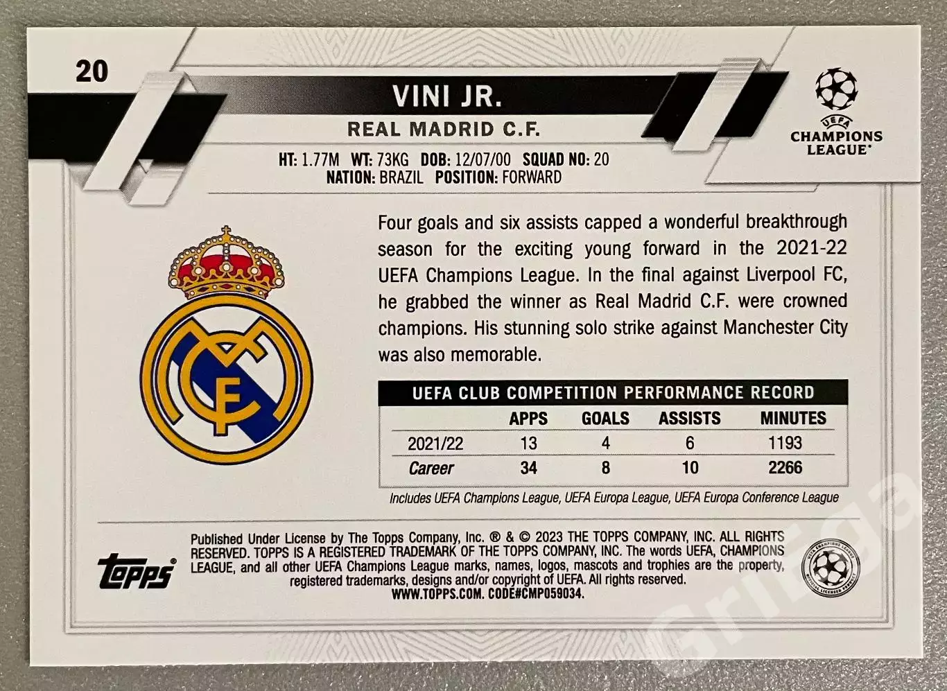 Карточка Vinicius Junior/Винисиус Жуниор (Real Madrid/Реал Мадрид) TOPPS 2022-23 1