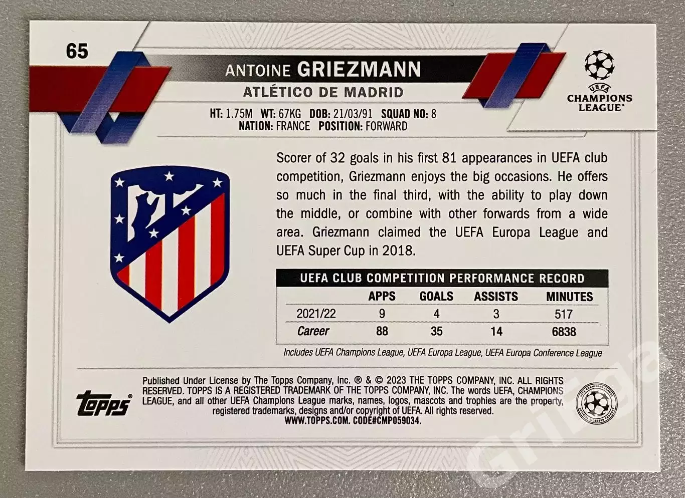 Карточка #65 Antoine Griezmann/Антуан Гризманн (Atletico Madrid/Атлетико Мадрид) 1