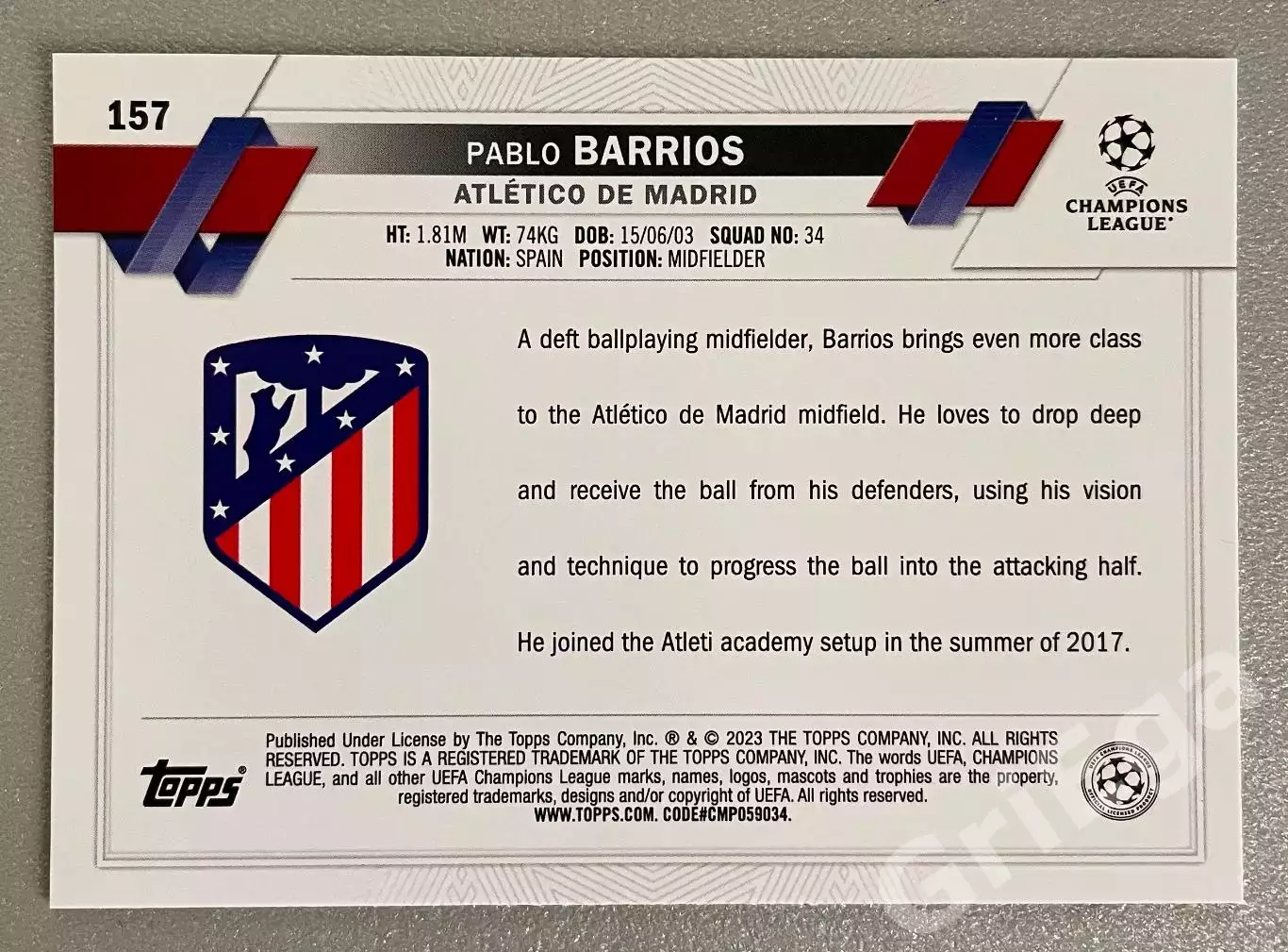 Карточка #157 Pablo Barrios/Пабло Барриос (Atletico Madrid/Атлетико Мадрид) 1