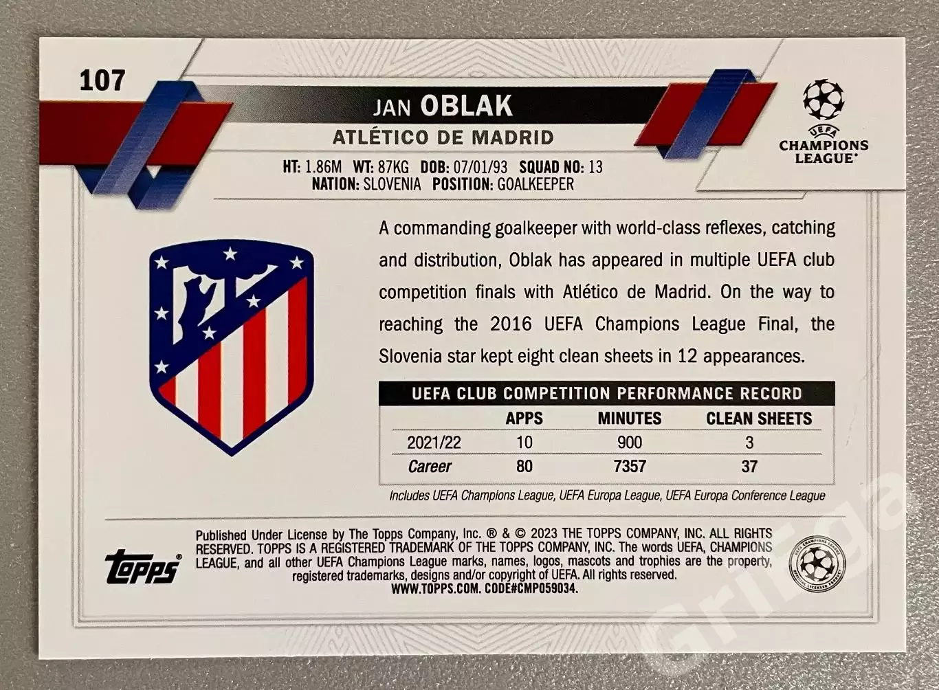 Футбол карточка Jan Oblak/Ян Облак (Atletico Madrid/Атлетико Мадрид) TOPPS 1