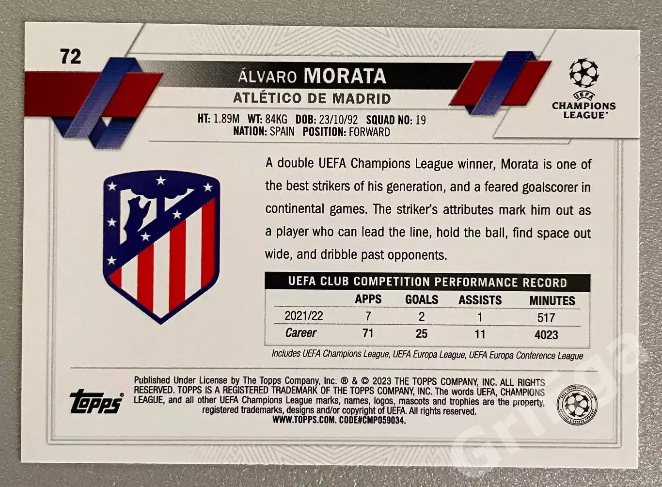 Футбол карточка Alvaro Morata/Альваро Мората (Atletico Madrid/Атлетико Мадрид) 1