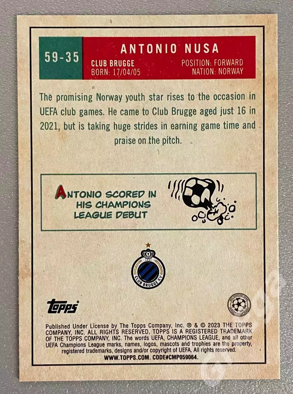 Футбол карточка Antonio Nusa/Антонио Нуса (Brugge/Брюгге) TOPPS 2022-23 1