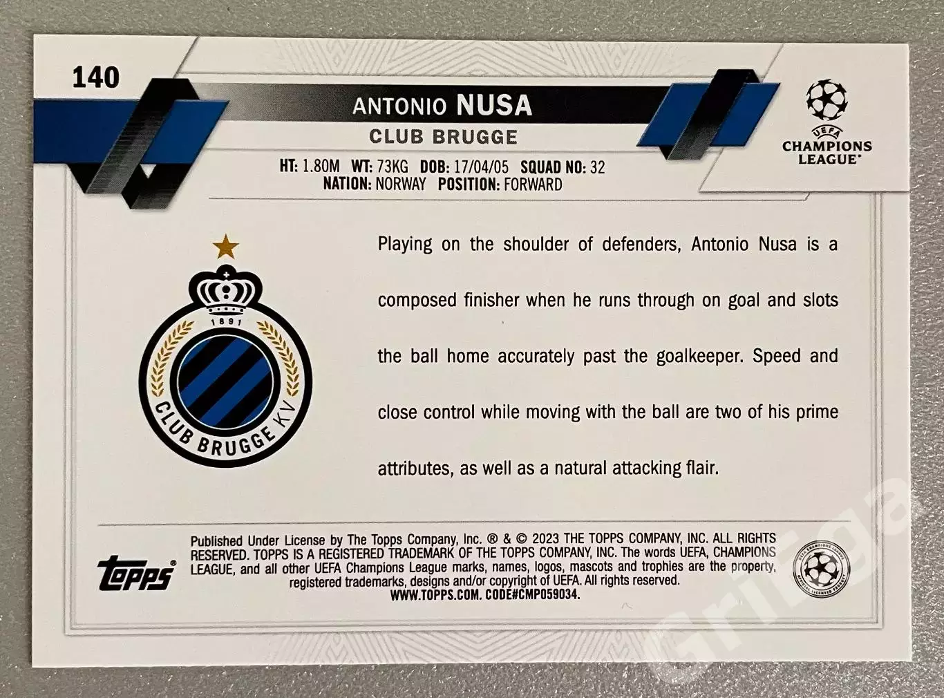 Футбол карточка #140 Antonio Nusa/Антонио Нуса (Brugge/Брюгге) TOPPS 2022-23 1