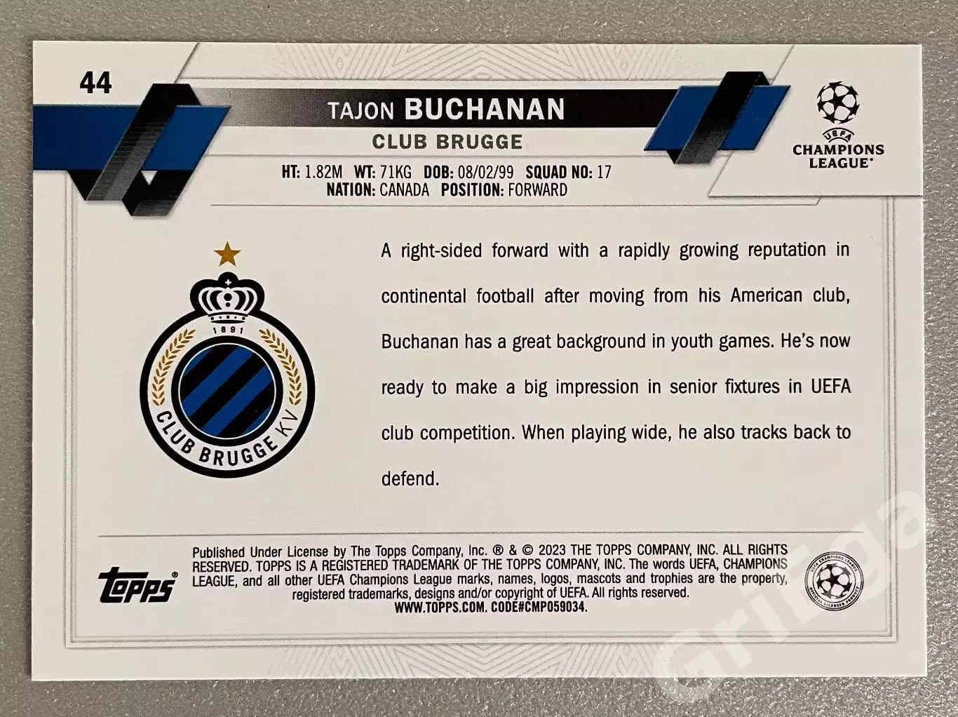 Футбол карточка Tajon Buchanan/Тейджон Бьюкенен (Brugge/Брюгге) TOPPS 2022-23 1
