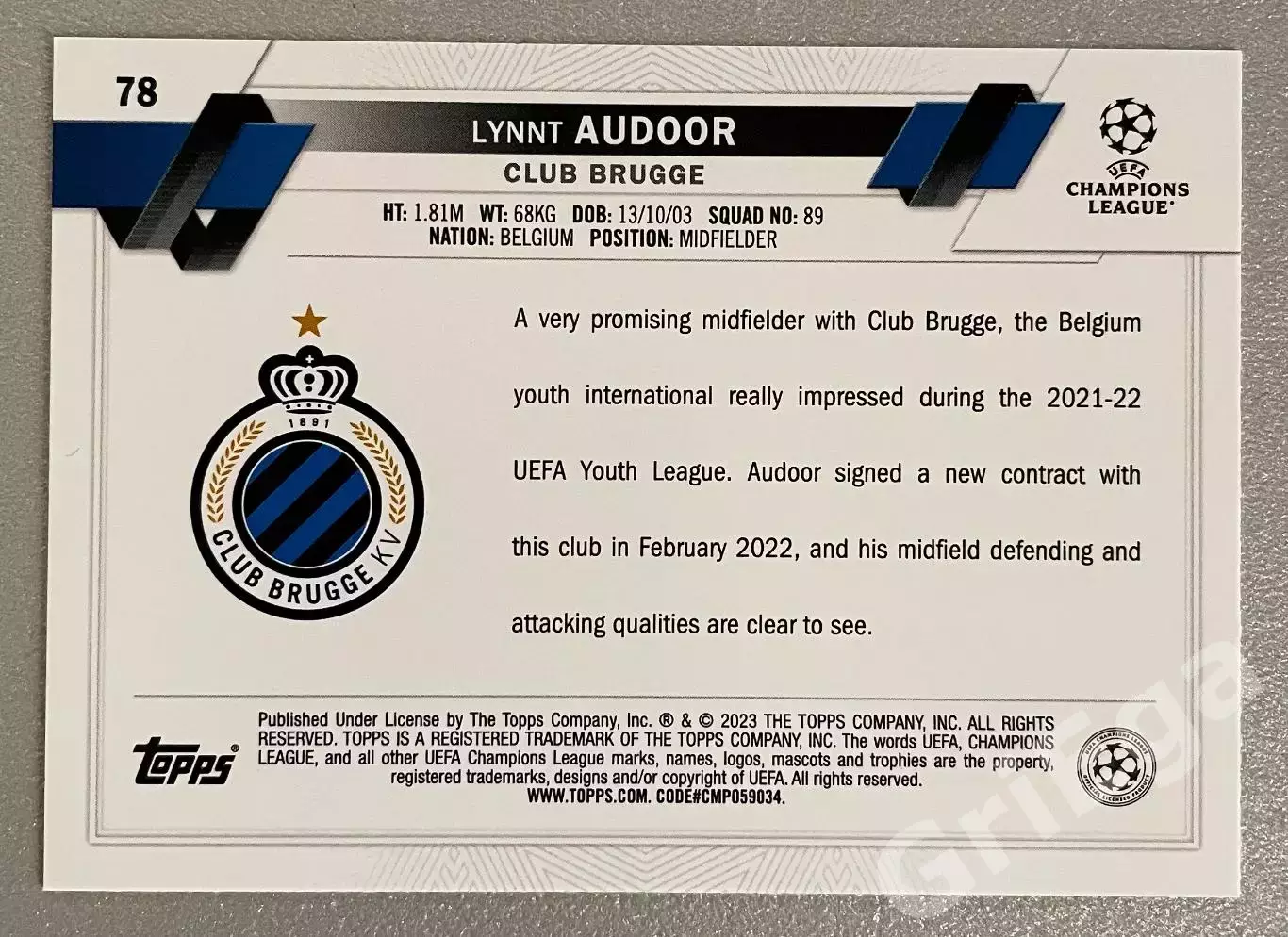 Футбол карточка Lynnt Audoor/Линнт Аудор (Brugge/Брюгге) TOPPS 2022-23 1