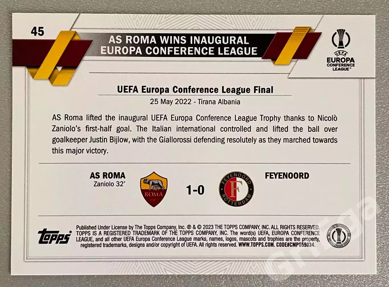 Футбол карточка #45 Обладатели кубка AS Roma/Рома TOPPS 2022-23 1