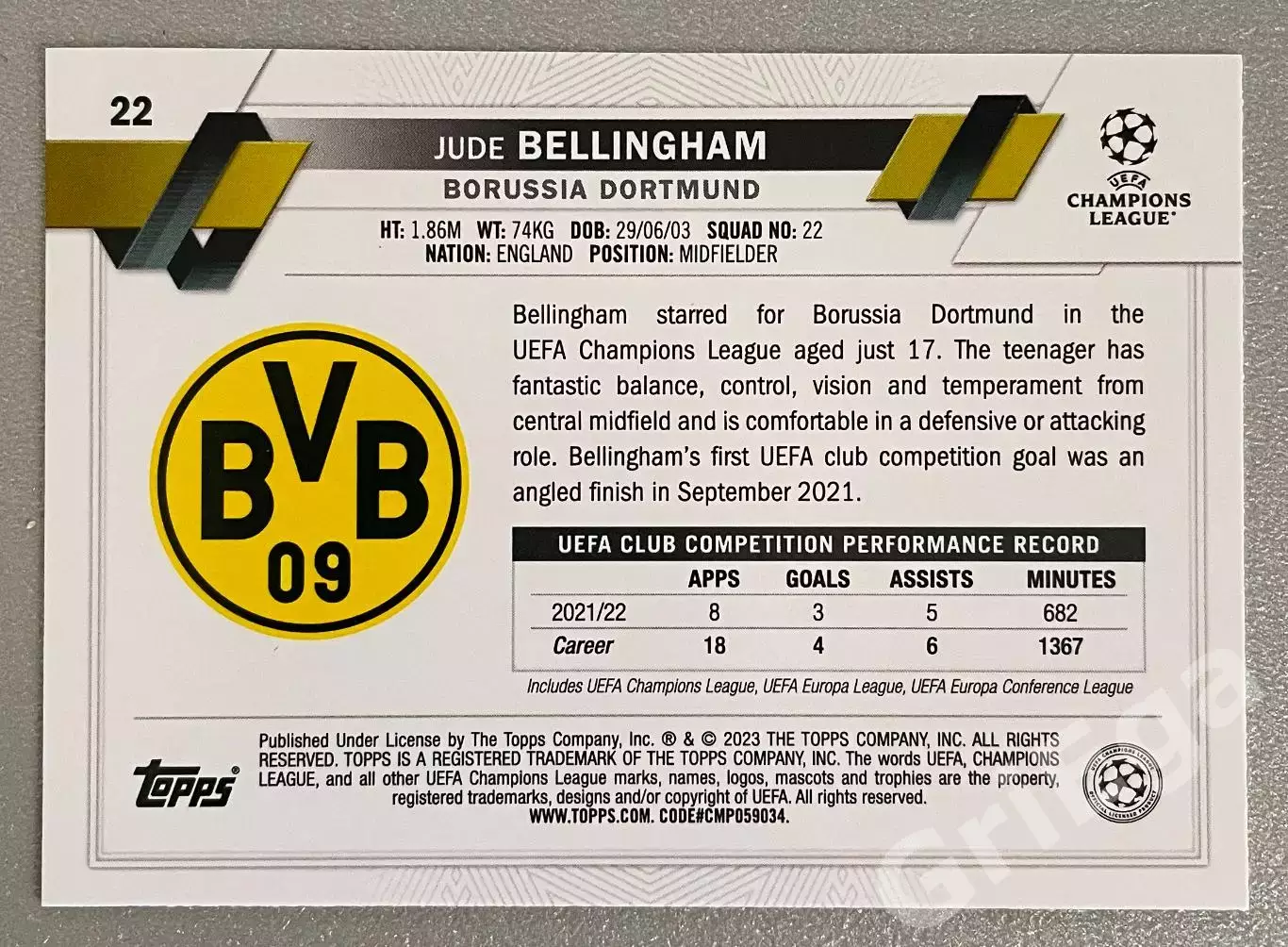 Карточка Jude Bellingham/Джуд Беллингем (Borussia Dortmund/Боруссия Дортмунд) 1