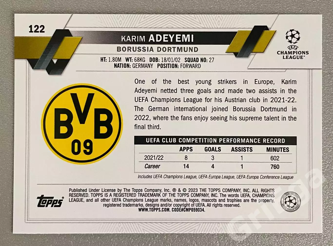 Карточка Karim Adeyemi/Карим Адейеми (Borussia Dortmund/Боруссия Дортмунд) TOPPS 1