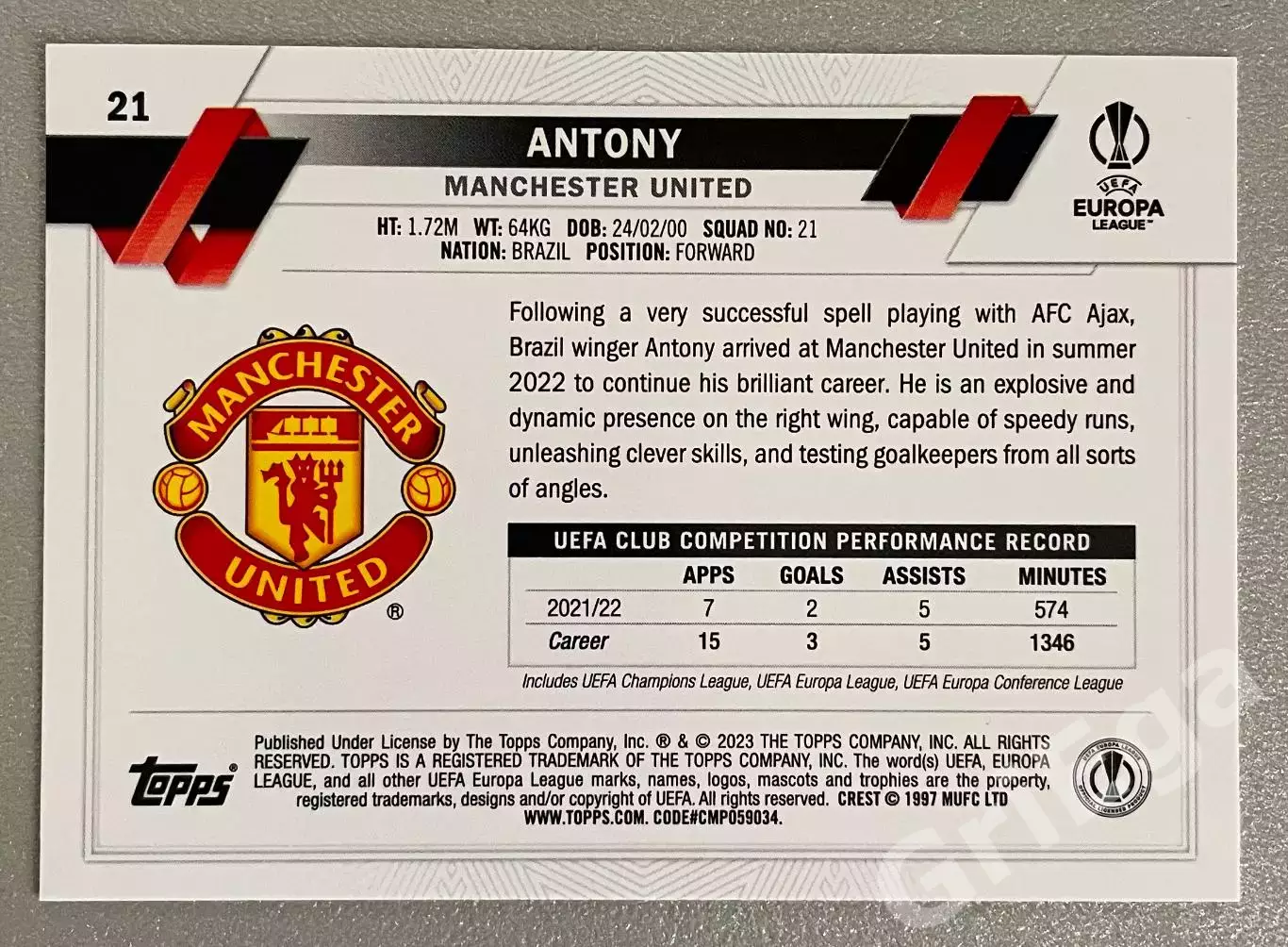 Карточка Antony/Антони (Manchester United/Манчестер Юнайтед) TOPPS 2022-23 1