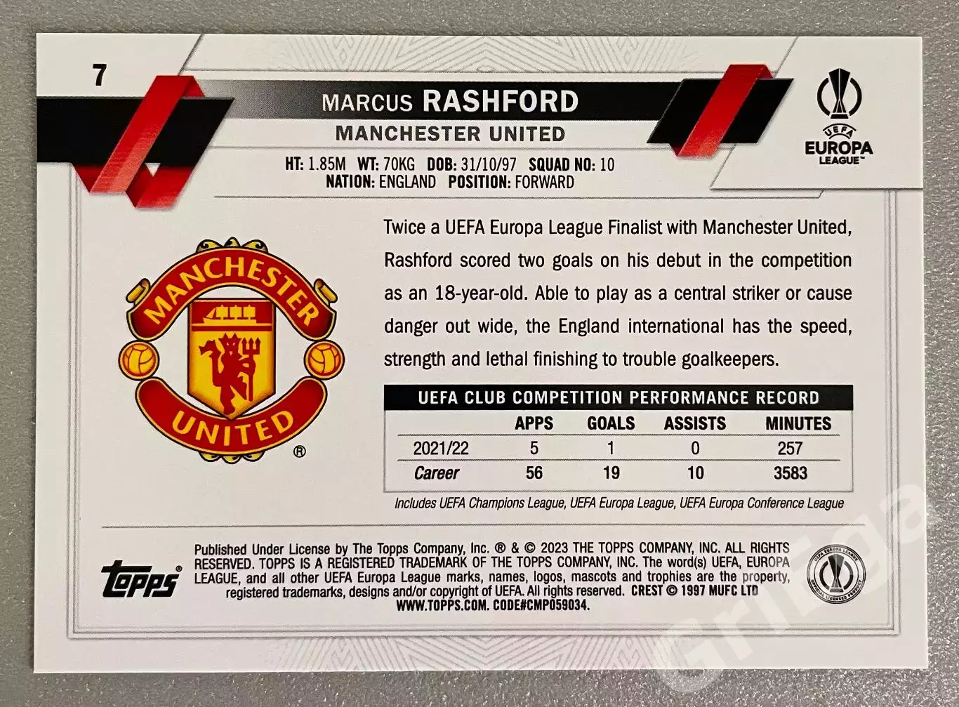 Карточка Marcus Rashford/Маркус Рашфорд (Manchester United/Манчестер Юнайтед) 1