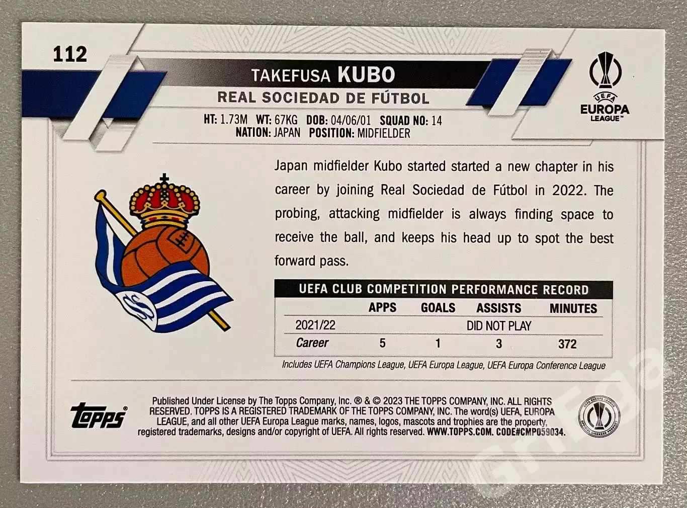 Футбол карточка Takefusa Kubo/Такэфуса Кубо (Real Sociedad/Реал Сосьедад) 1