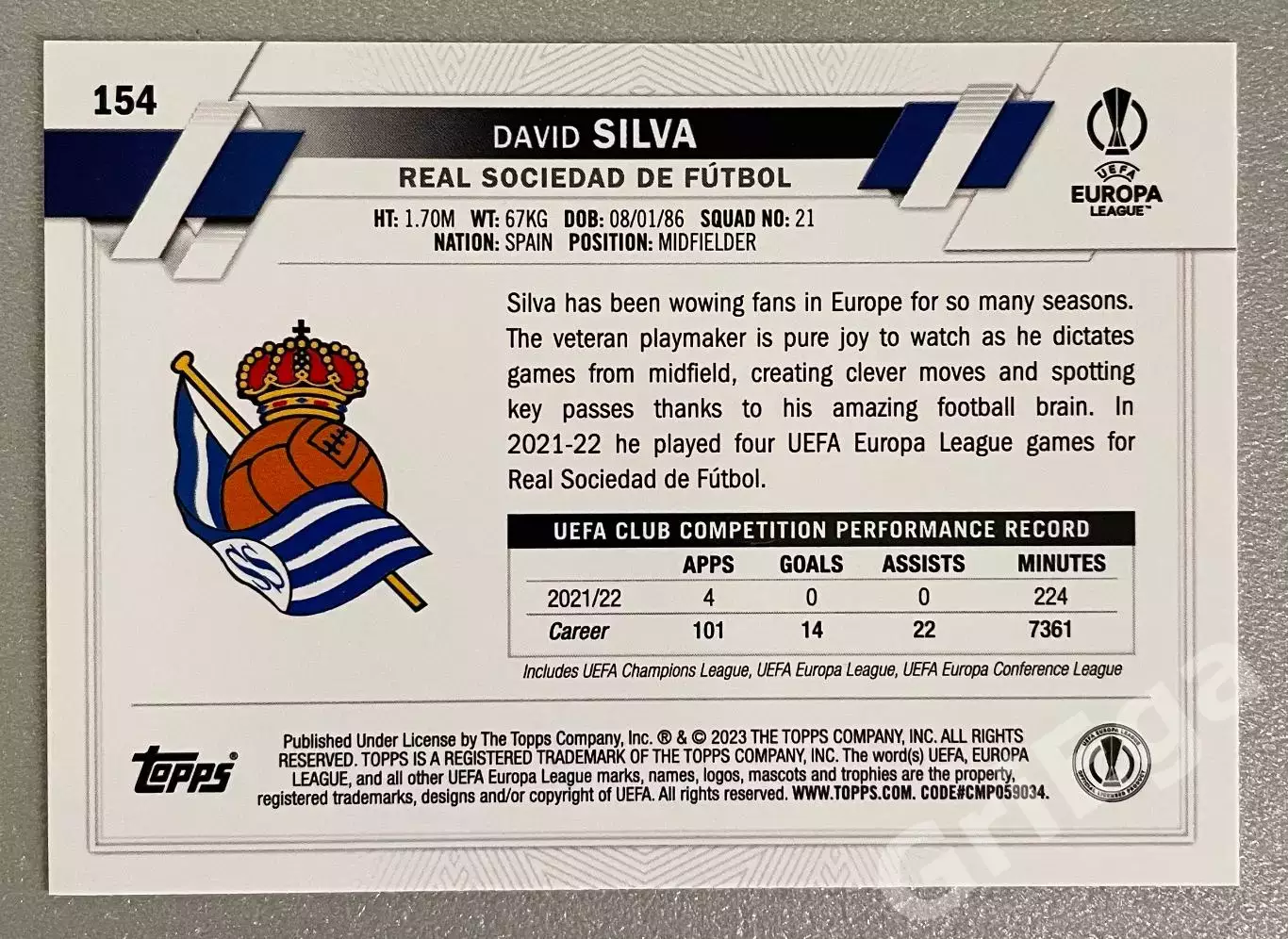Футбол карточка David Silva/Давид Сильва (Real Sociedad/Реал Сосьедад) 1