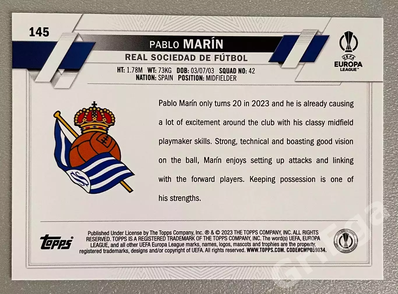 Футбол карточка Pablo Marin/Пабло Марин (Real Sociedad/Реал Сосьедад) 1