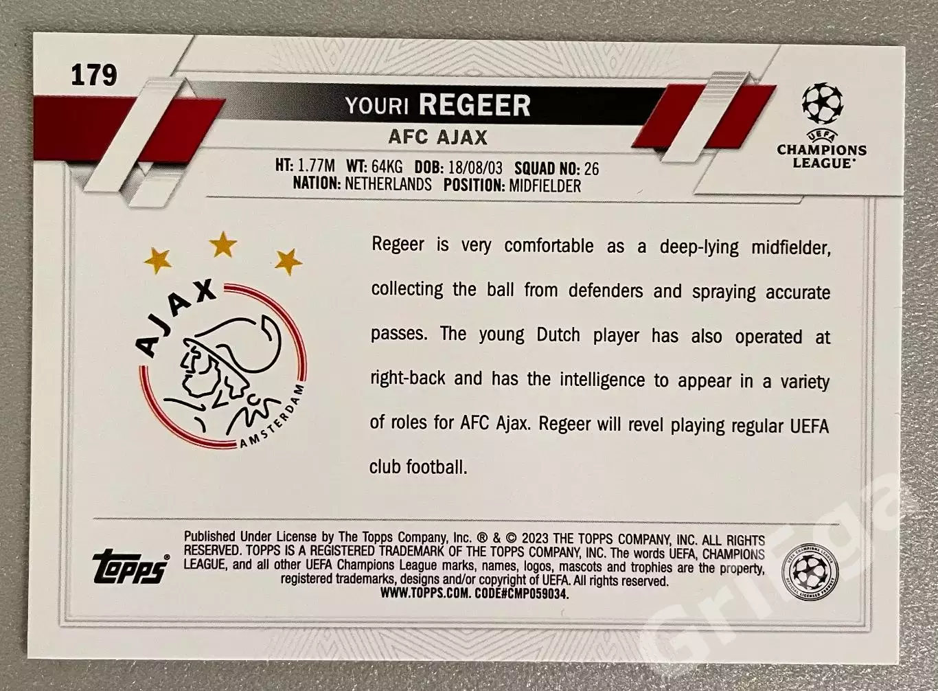 Футбол карточка Youri Regeer/Юри Регер (Ajax/Аякс) TOPPS 2022-23 1