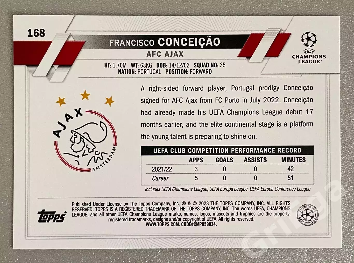 Футбол карточка Francisco Conceicao/Франсишку Консейсау (Ajax/Аякс) 1