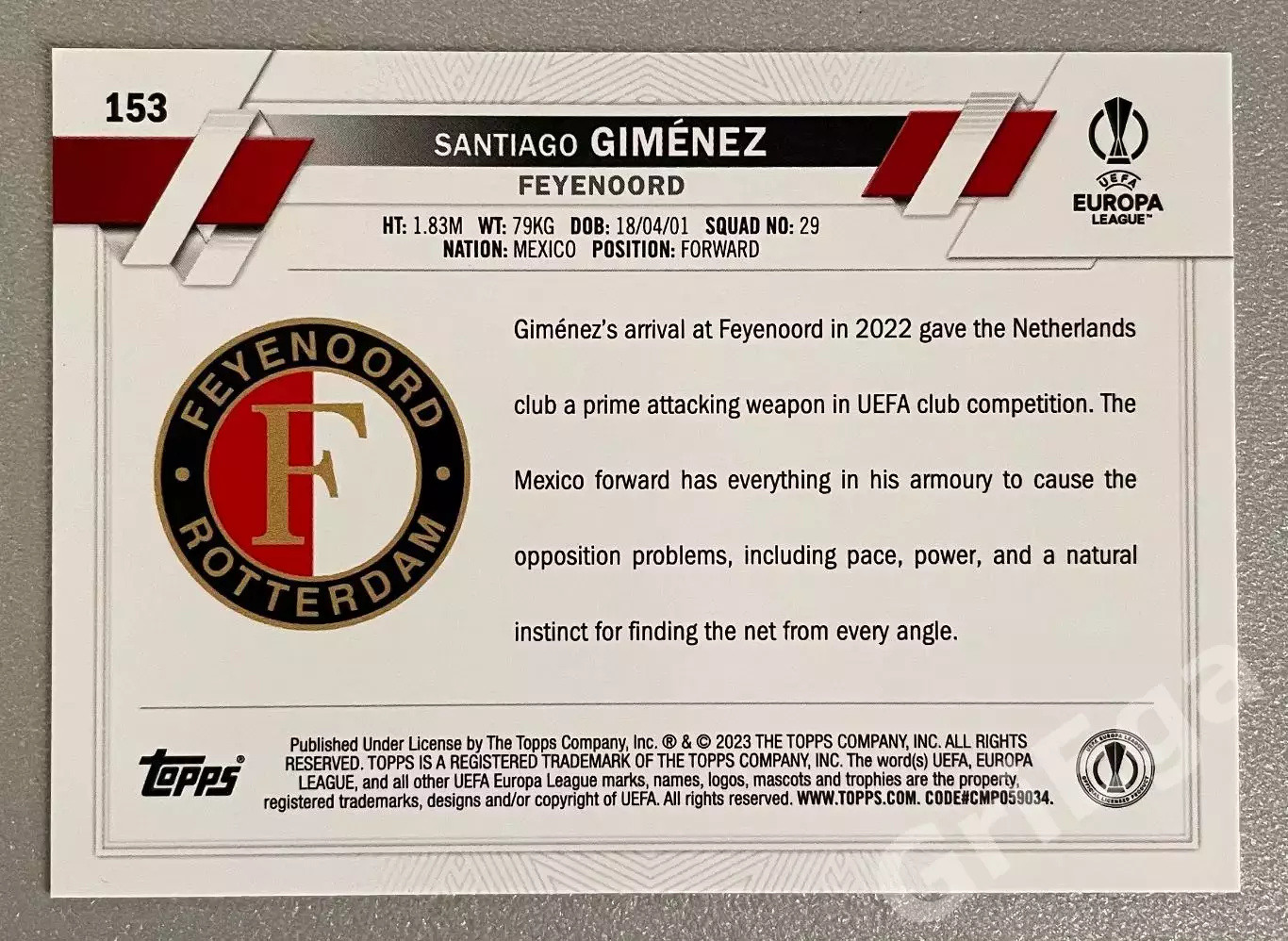 Футбол карточка Santiago Gimenez/Сантьяго Хименес (Feyenoord/Фейеноорд) 1