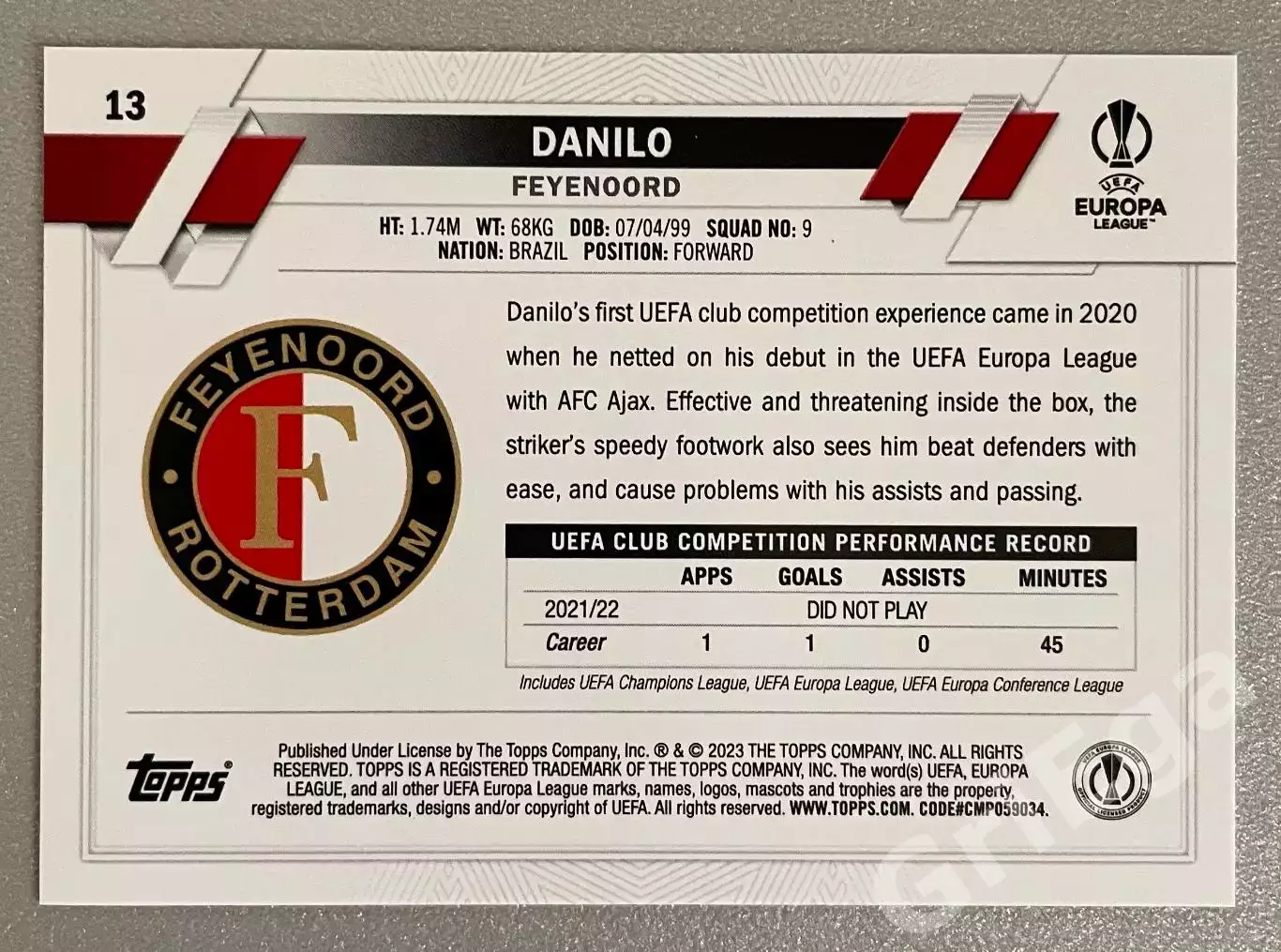 Футбол карточка Danilo/Данило (Feyenoord/Фейеноорд) TOPPS 2022-23 1