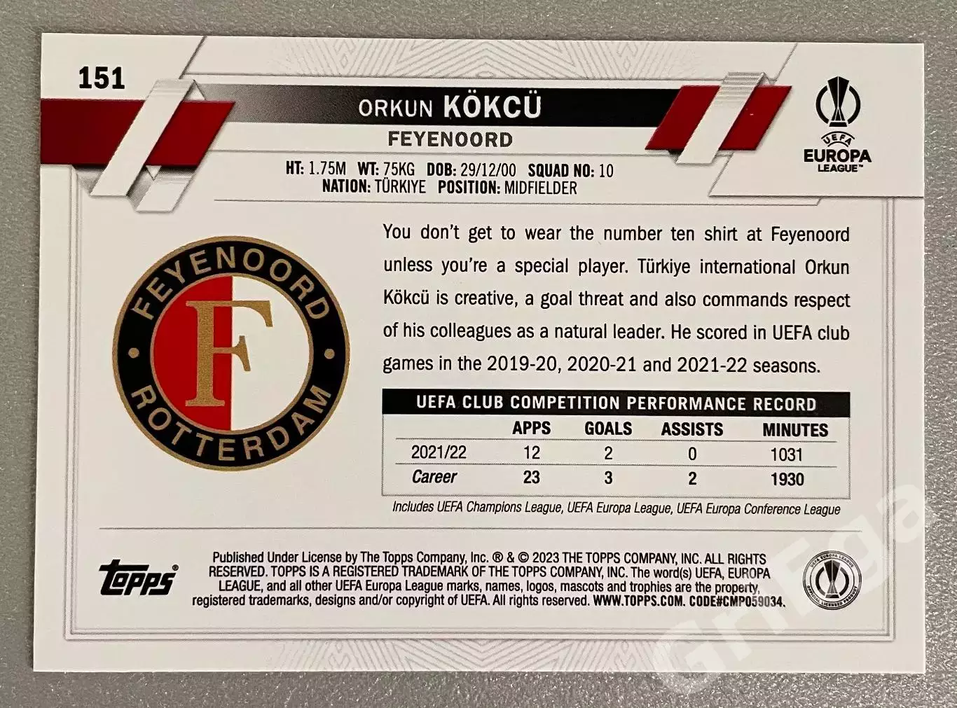 Футбол карточка Orkun Kokcu/Оркун Кекчю (Feyenoord/Фейеноорд) TOPPS 2022-23 1