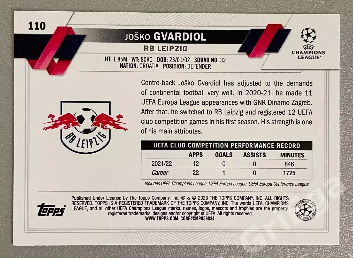 Футбол карточка Josko Gvardiol/Йошко Гвардиол (RB Leipzig/РБ Лейпциг) 1