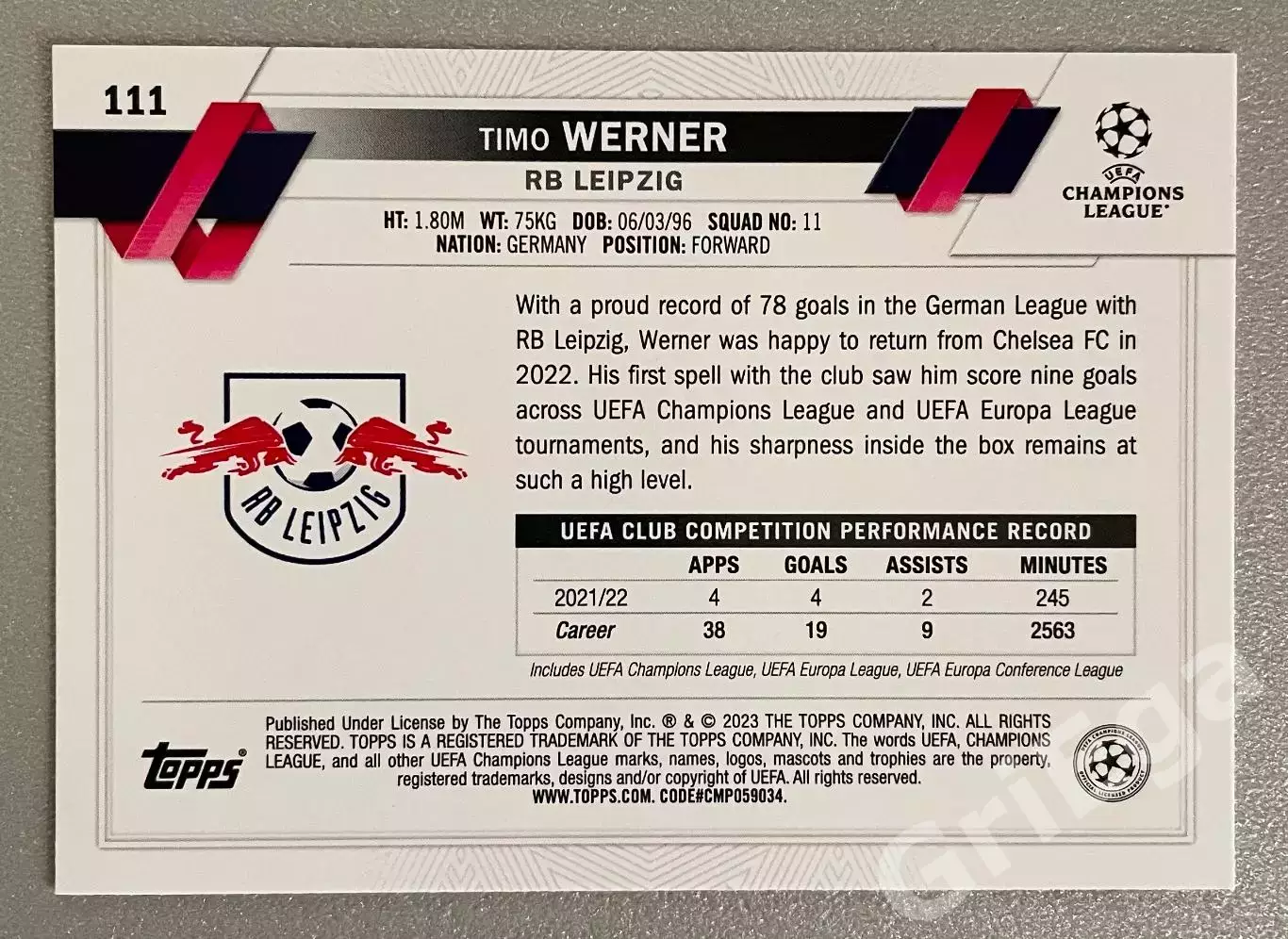 Футбол карточка Timo Werner/Тимо Вернер (RB Leipzig/РБ Лейпциг) TOPPS 2022-23 1