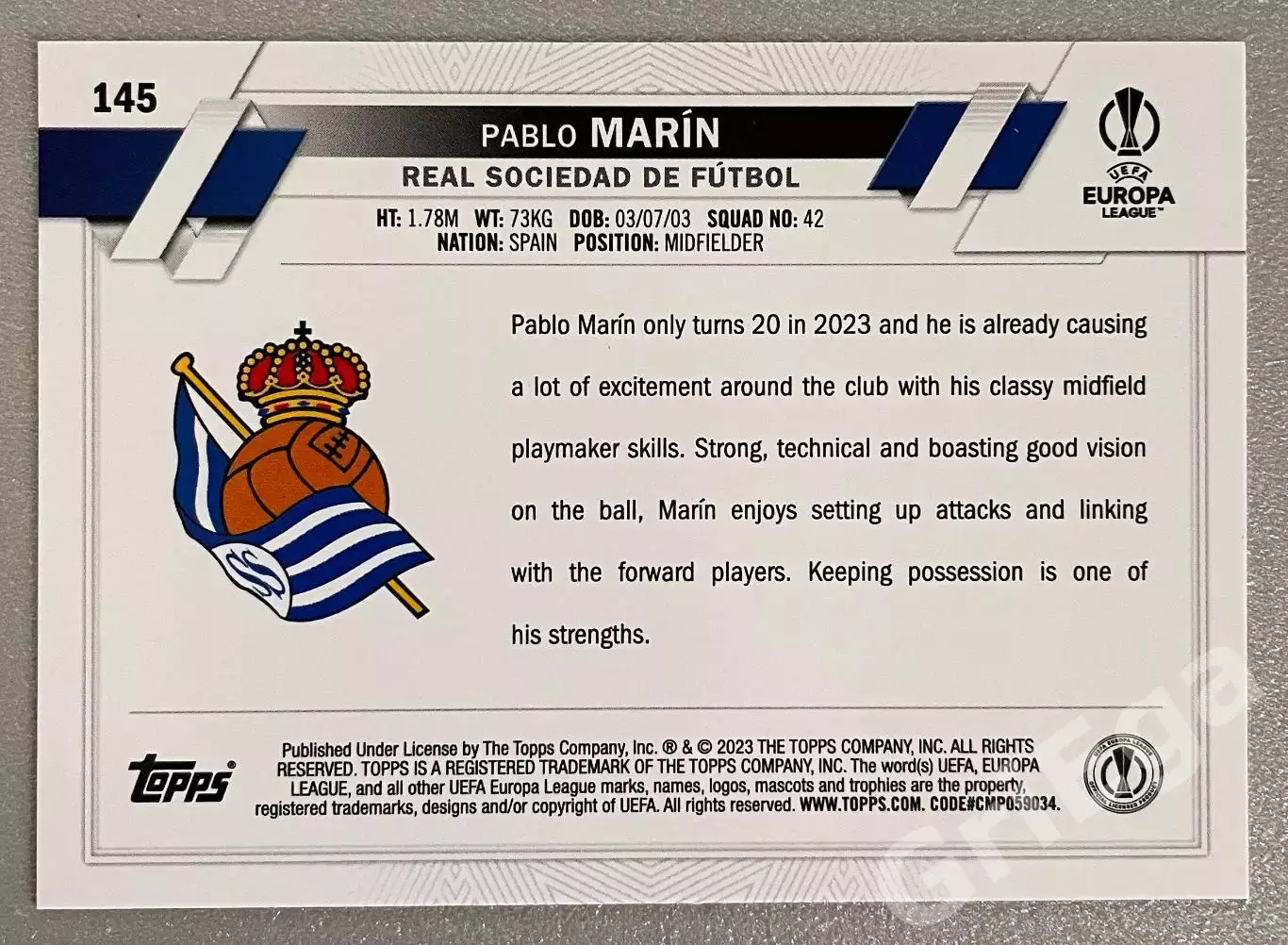 Футбол карточка Pablo Marin/Пабло Марин (Real Sociedad/Реал Сосьедад) 1