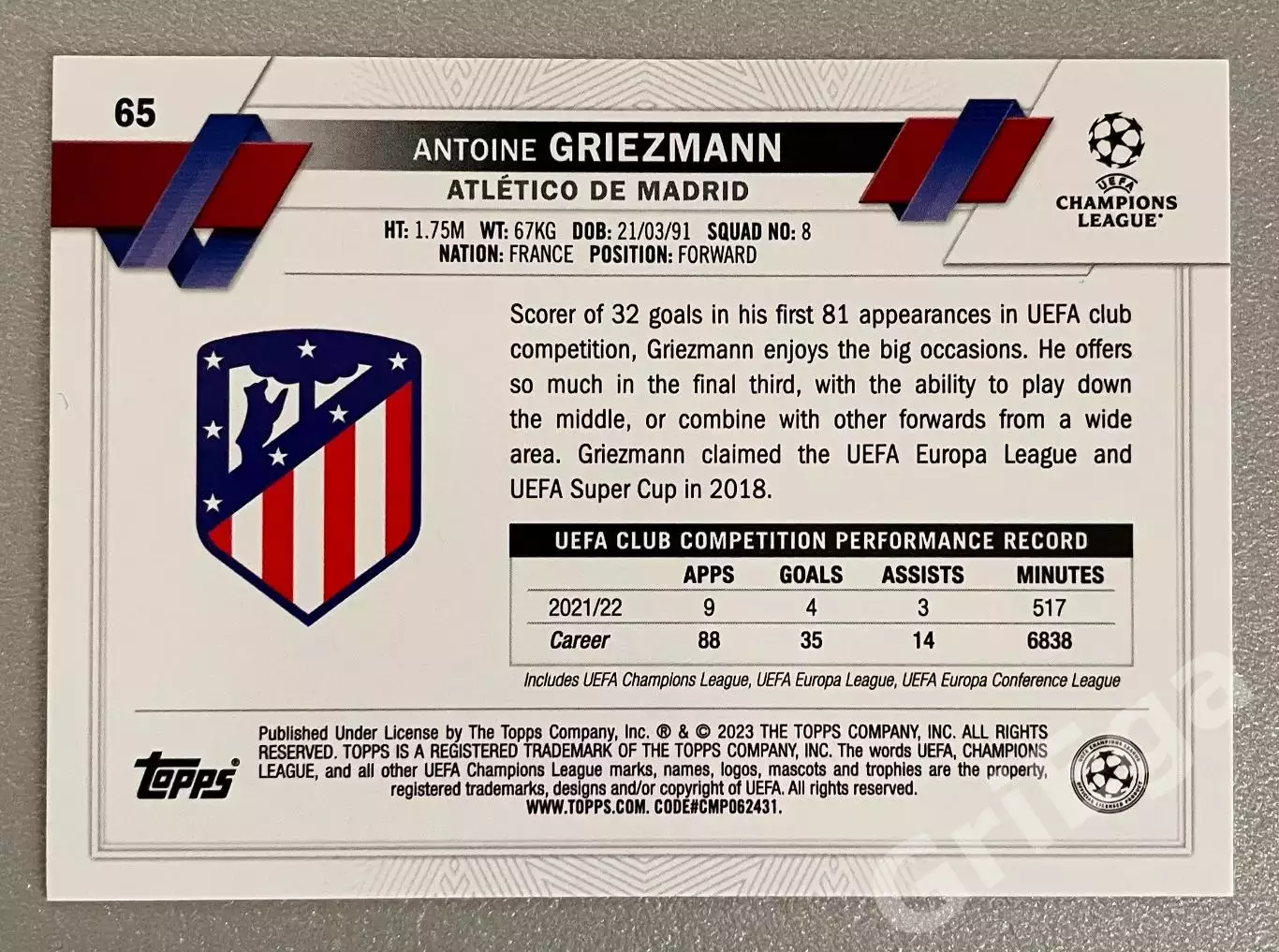 Карточка Антуан Гризманн/Antoine Griezmann (Atletico Madrid/Атлетико Мадрид) 1