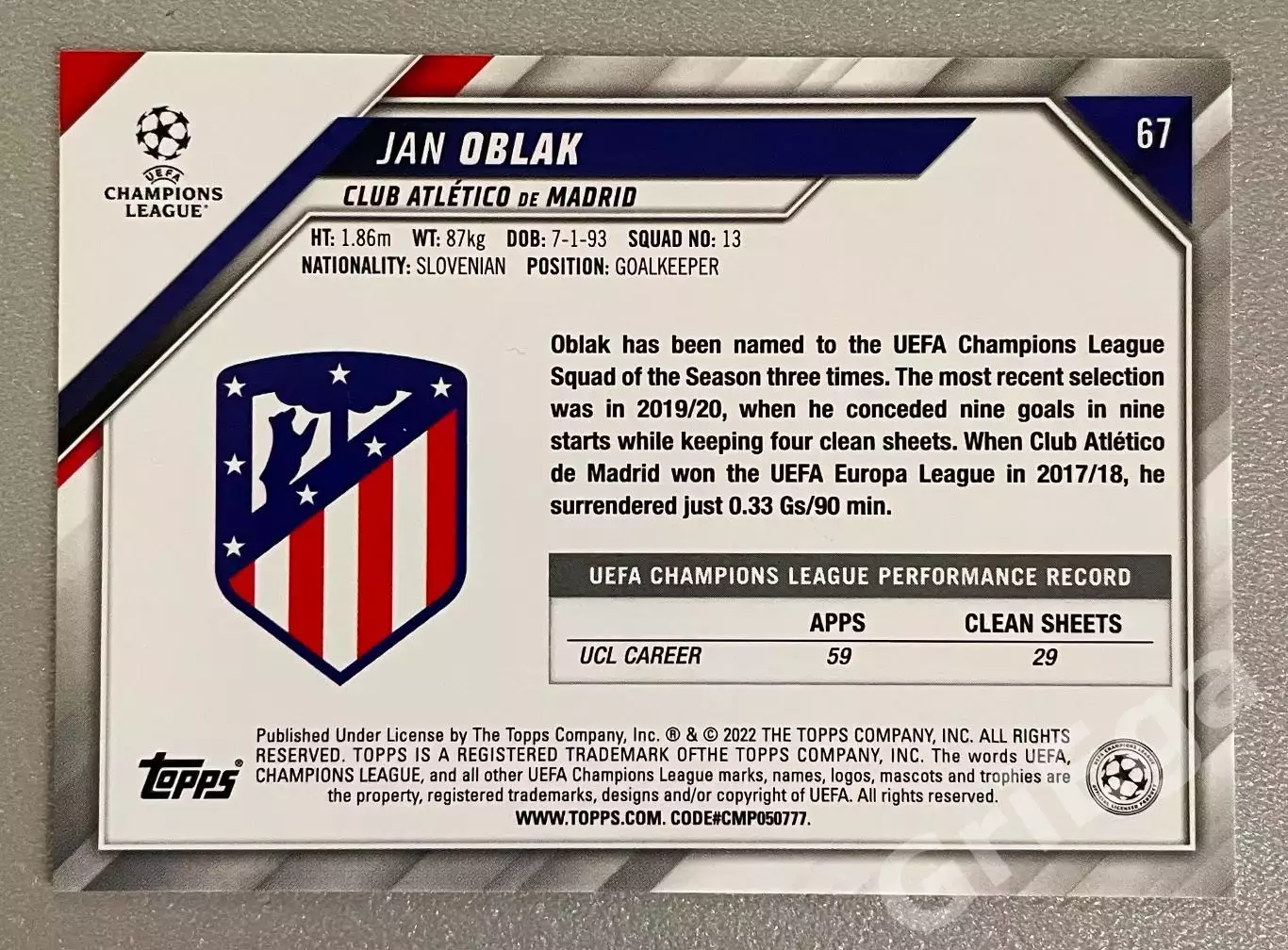 Футбол карточка Jan Oblak/Ян Облак (Atletico Madrid/Атлетико Мадрид) 1