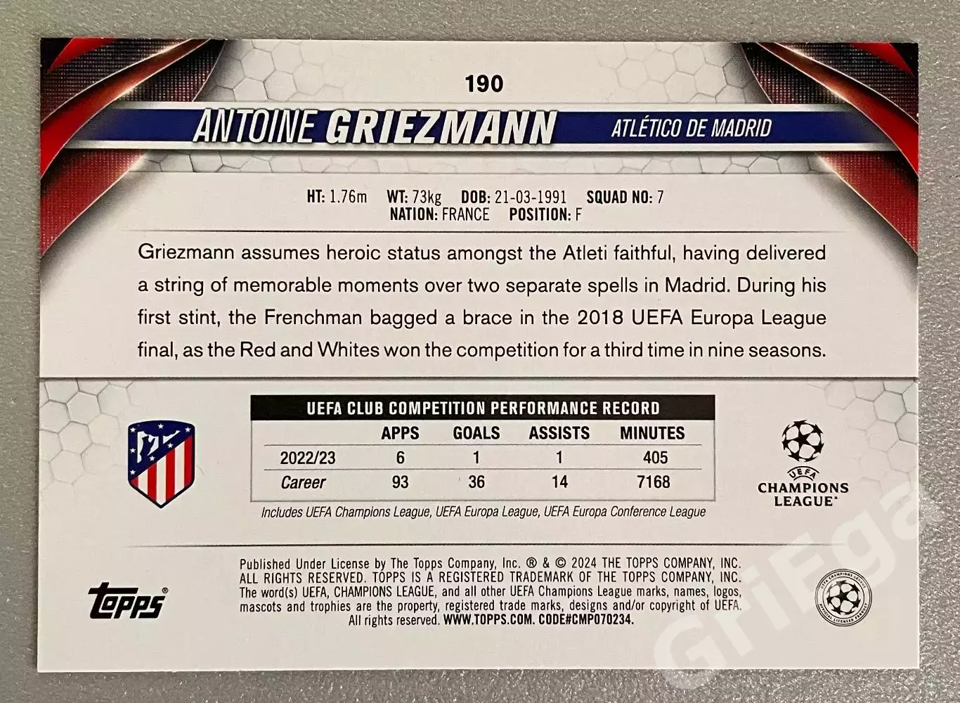 Карточка Антуан Гризманн/Antoine Griezmann (Атлетико Мадрид/Atletico Madrid) 1