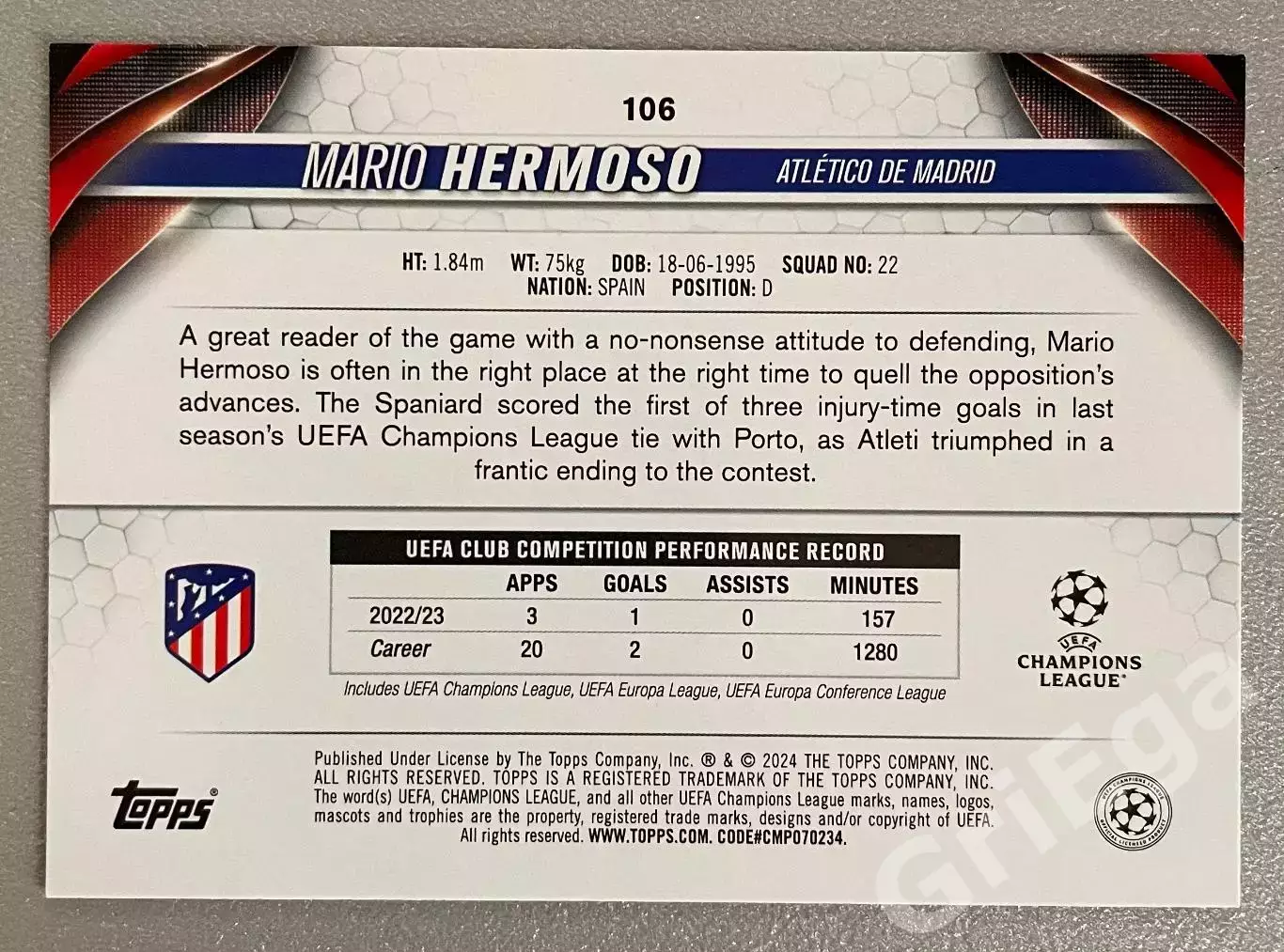 Футбол карточка Mario Hermoso/Марио Эрмосо (Атлетико Мадрид/Atletico Madrid) 1