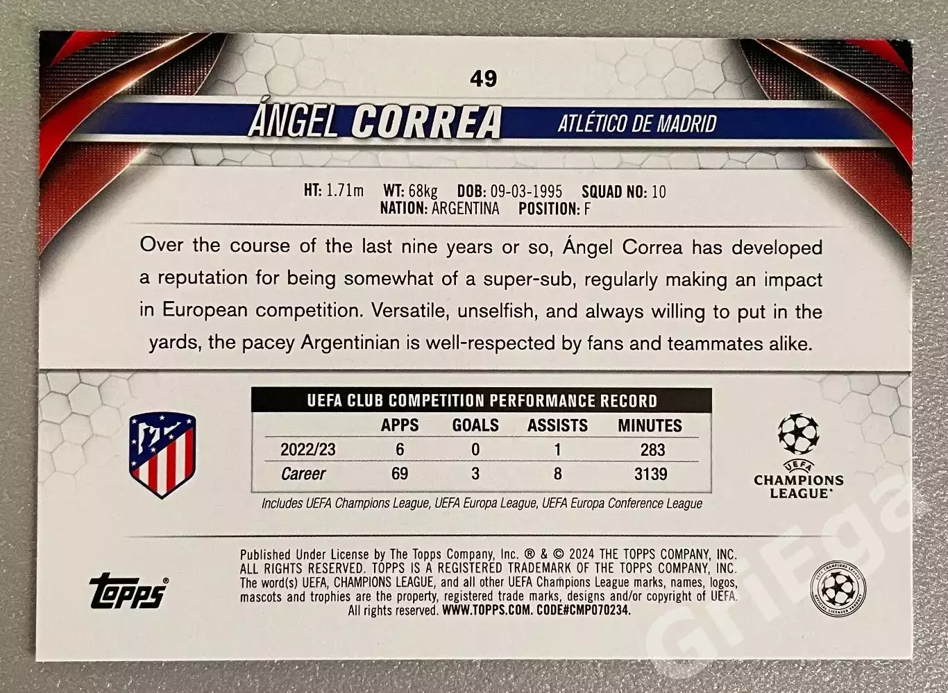 Футбол карточка Angel Correa/Анхель Корреа (Atletico Madrid/Атлетико Мадрид) 1
