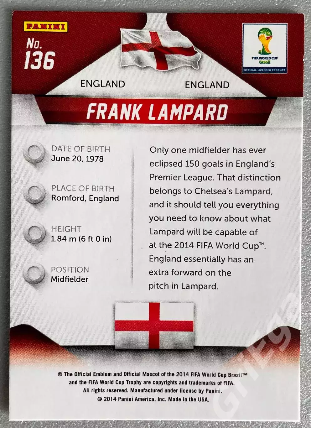 Футбол карточка Frank Lampard/Фрэнк Лэмпард (England/Англия) ЧМ 2014 Prizm 1