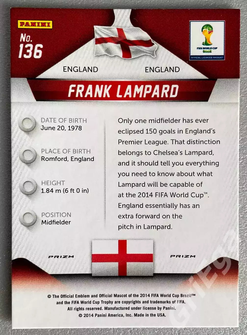 Футбол карточка Frank Lampard/Фрэнк Лэмпард (England/Англия) ЧМ 2014 Prizm 1