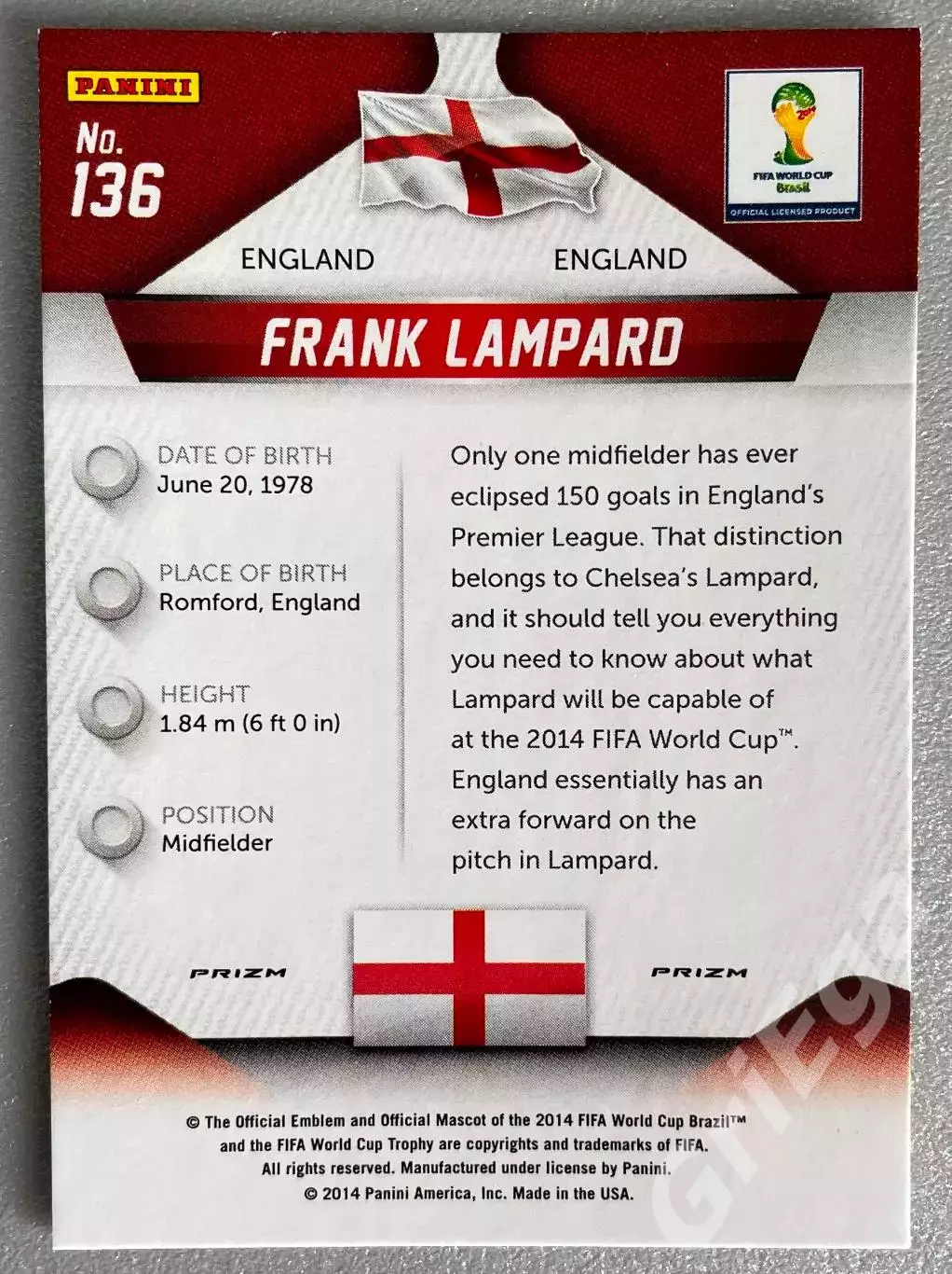 Футбол карточка Frank Lampard/Фрэнк Лэмпард (England/Англия) Prizm ЧМ 2014 1