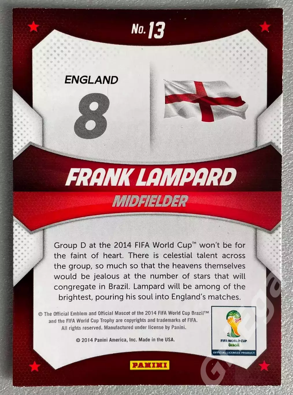 Футбол карточка #13 Frank Lampard/Фрэнк Лэмпард (England/Англия) ЧМ 2014 Prizm 1