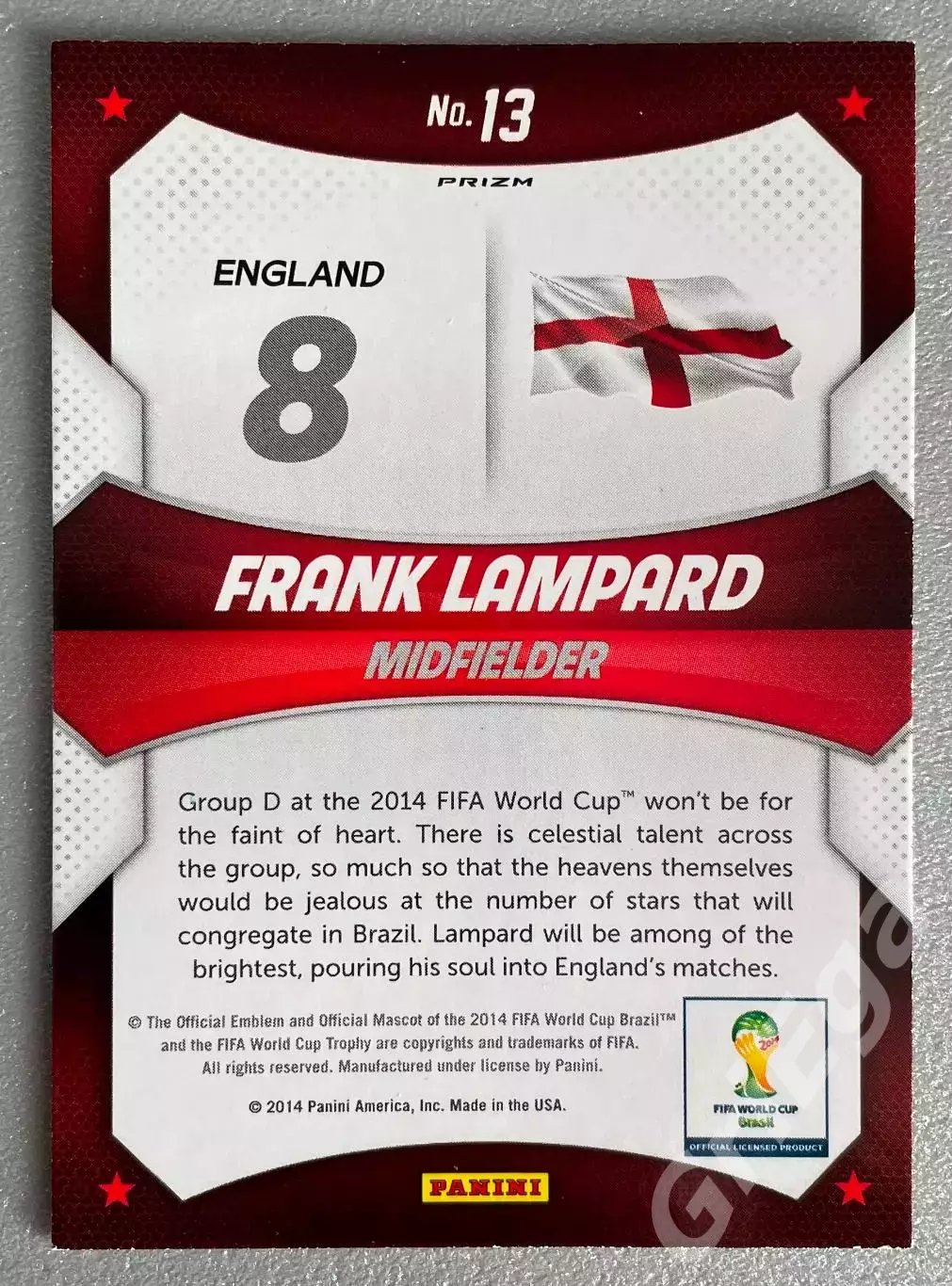 Футбол карточка #13 Frank Lampard/Фрэнк Лэмпард (England/Англия) ЧМ 2014 Prizm 1